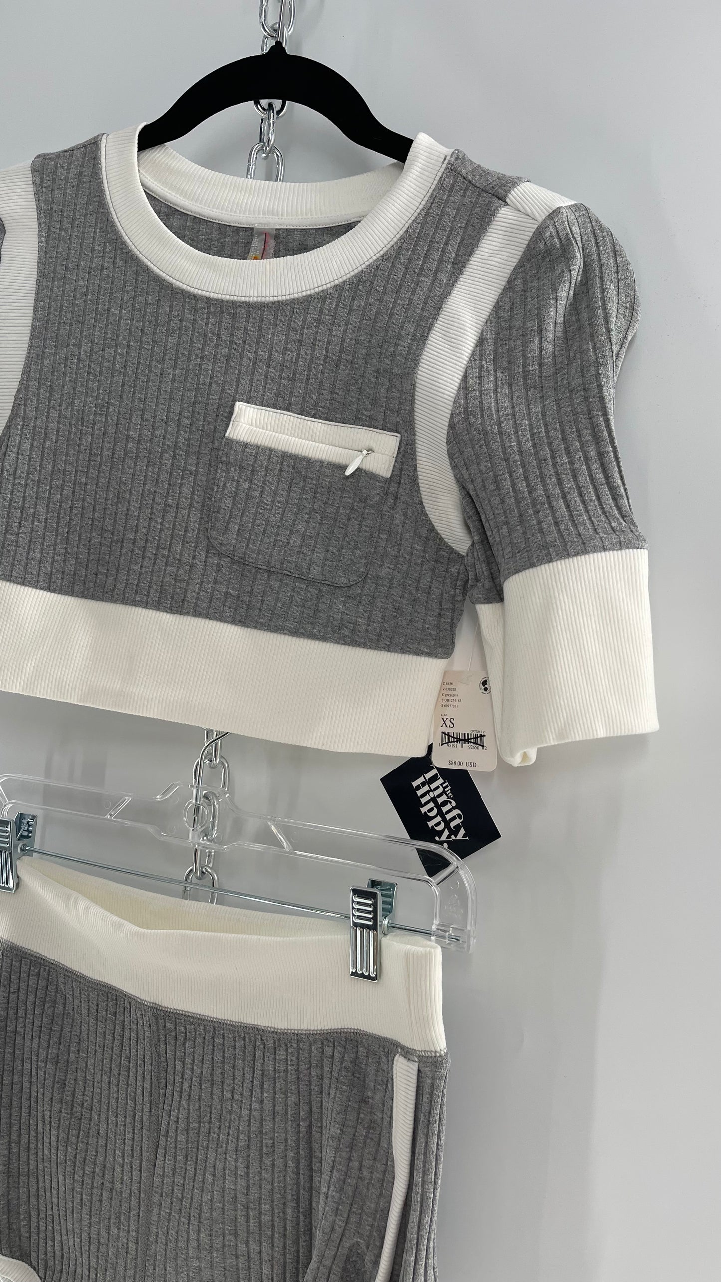 Free People Grey Knit Jersey Loungewear Set with Cropped Short Sleeve and Shorts (XS)
