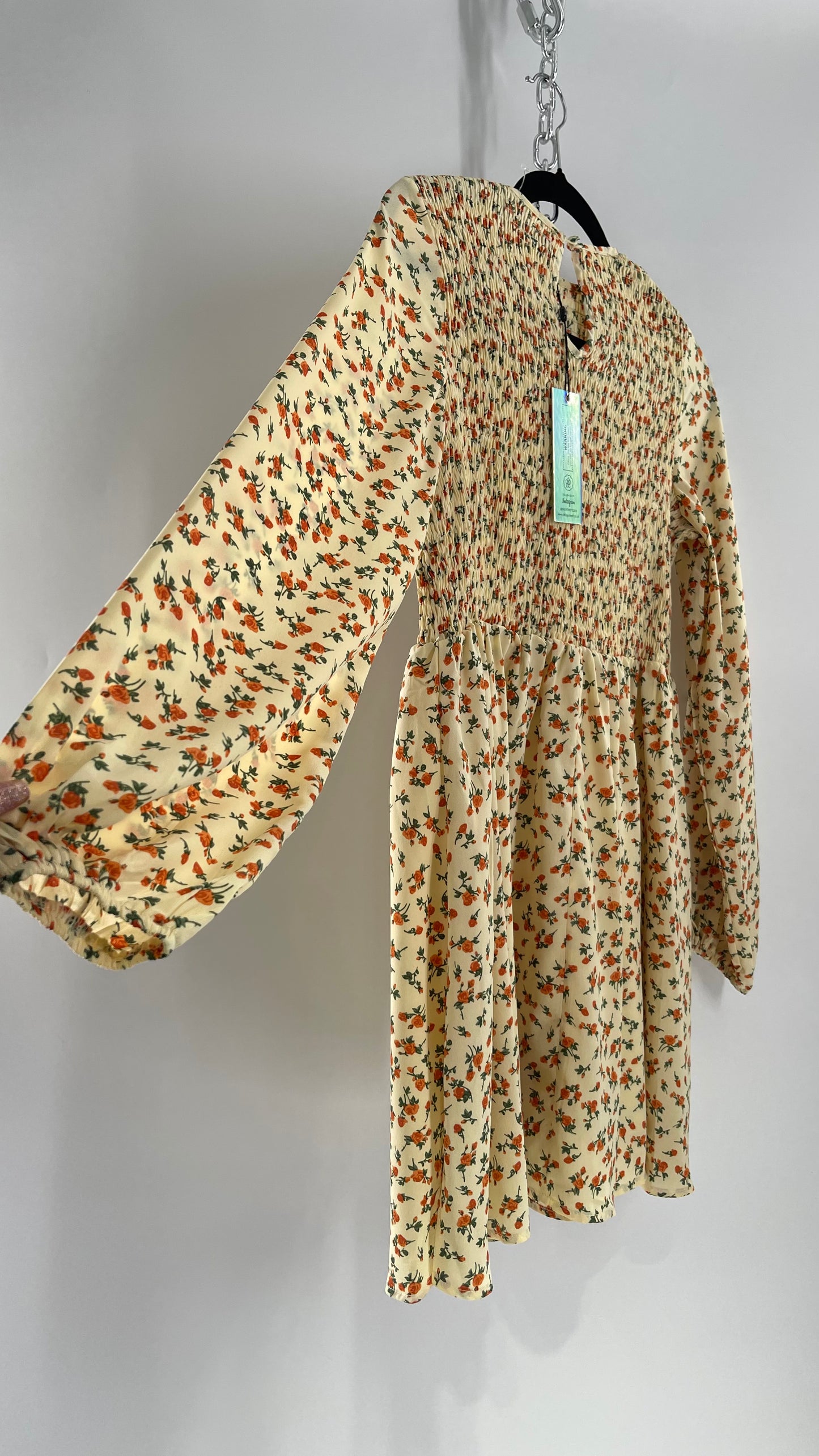 Daisy Street Baby Yellow Orange Floral Balloon Sleeve Mini with Smocked Bodice Tags Attached (Small)