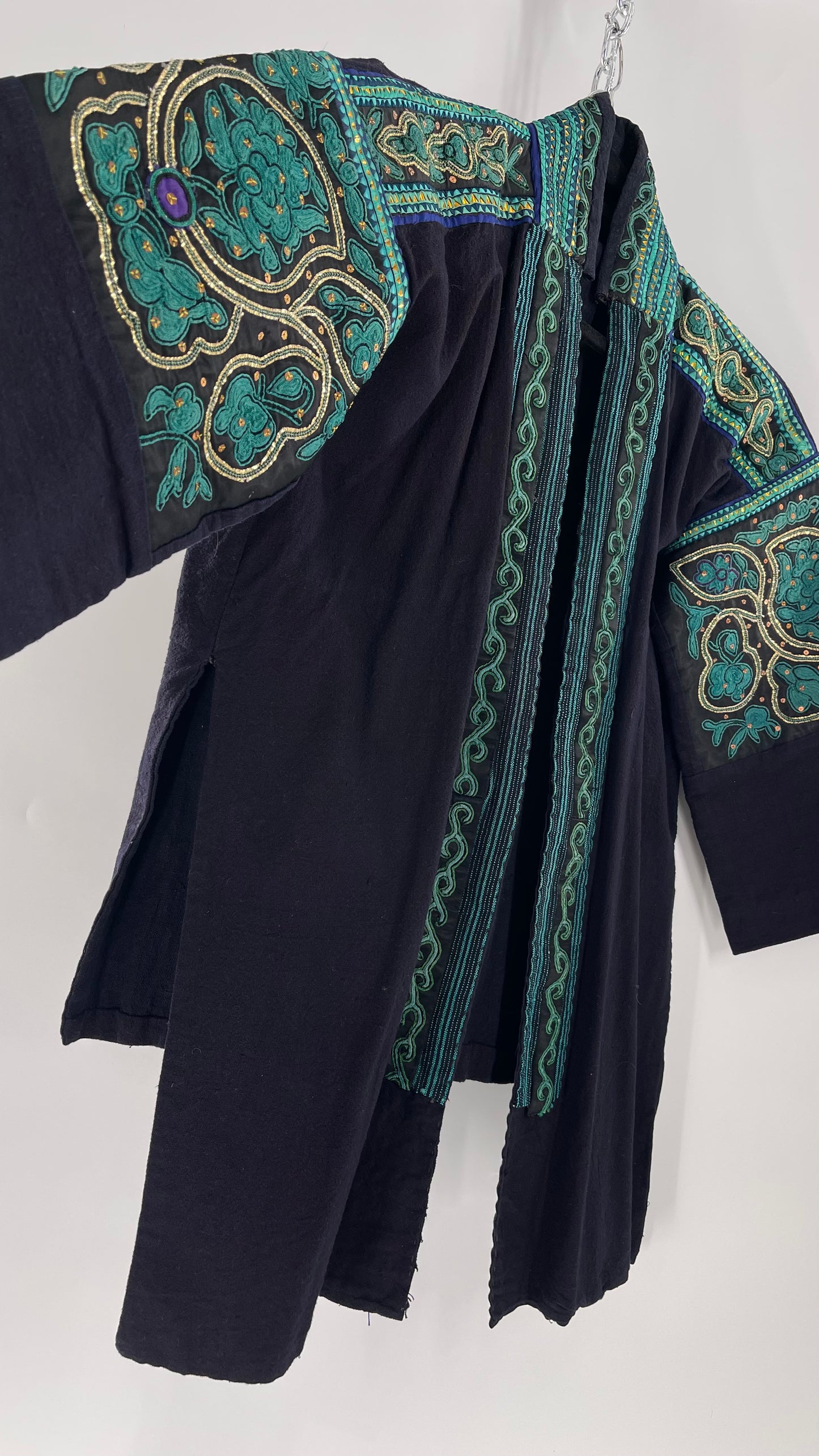 Chinese Vintage Unisex Forbidden Stitch Giuzhou Embroidered Teal Jacket (One Size)