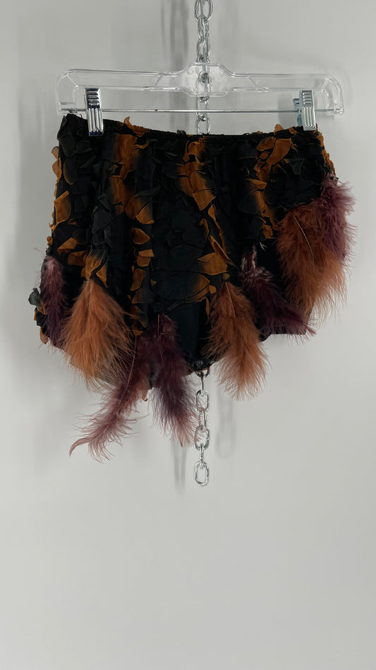Vintage Micro Mini Skirt/ Skirt BeltWith Hidden Shorts, Textured Burnt Scale Fabric, and Feathered Asymmetric Hem (XS/S)