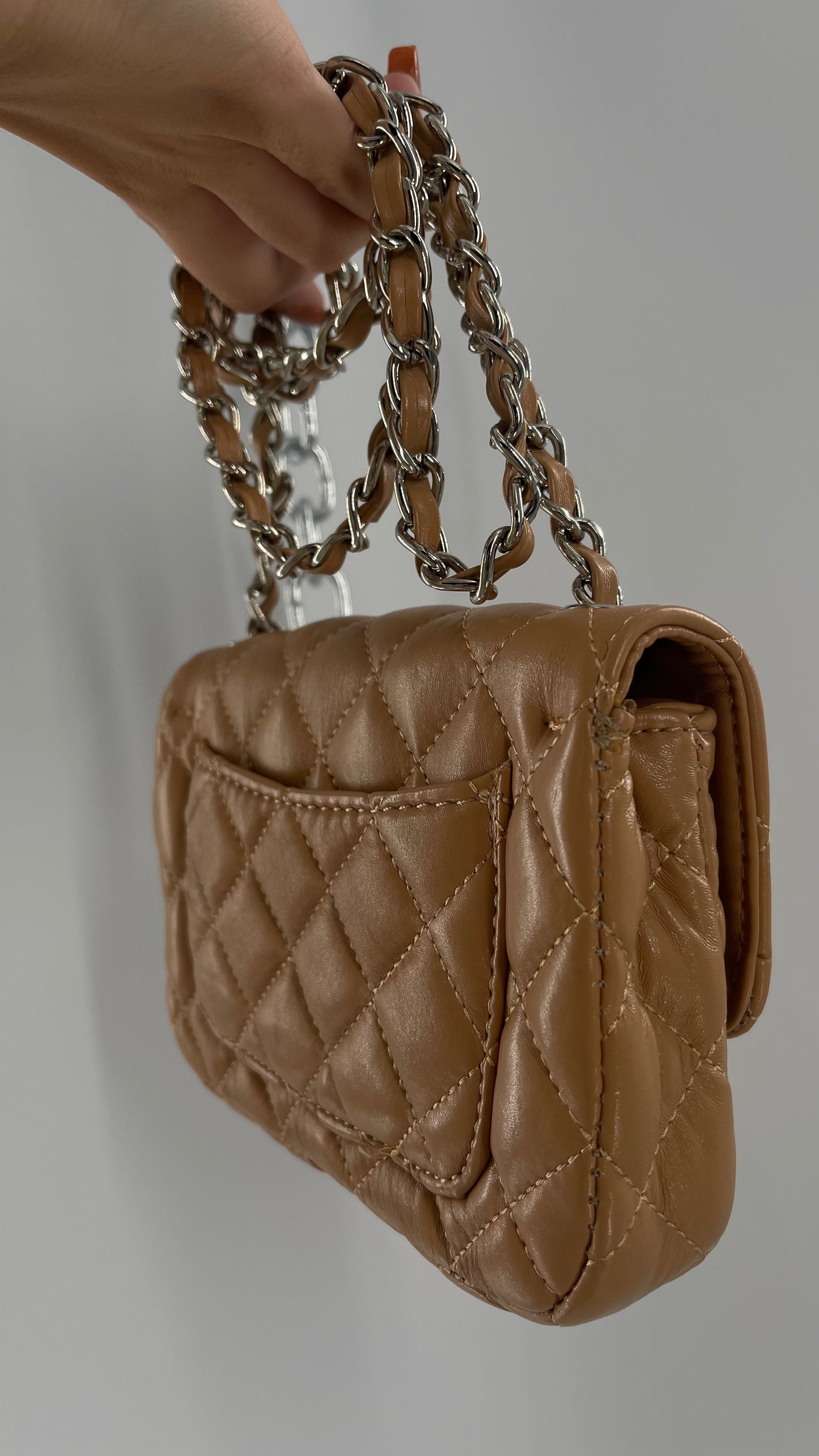 Tan Metallic Quilted Inauthentic Chanel Bag with Silver Chain Strap