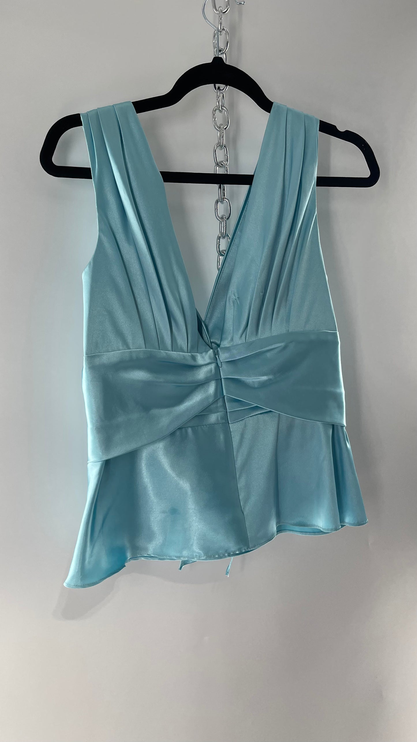Vintage Jessica McClintock Baby Blue Satin Pleated Sleeve Tank with Draping and Rosette (8)