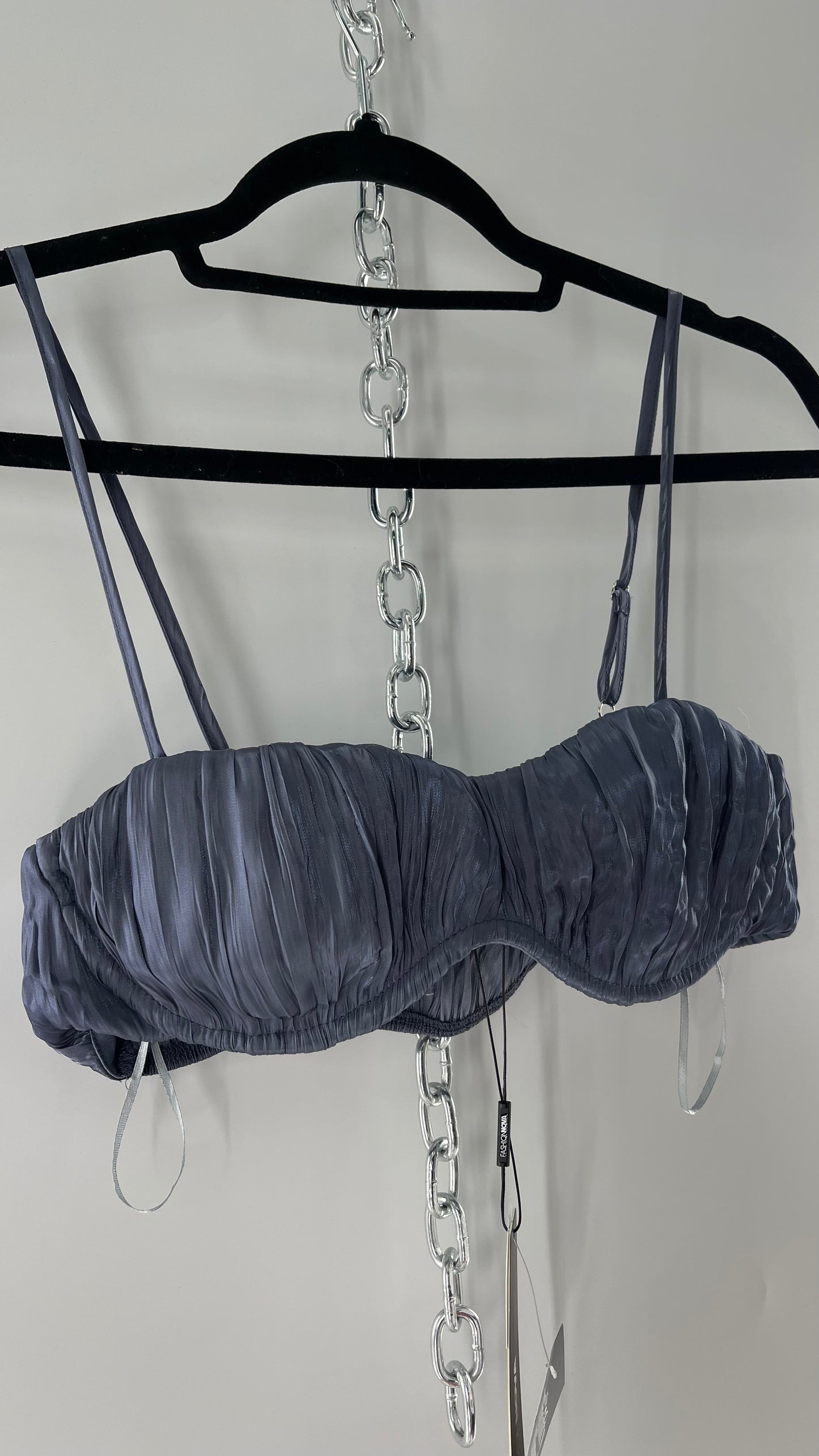 Fashion Nova Pick Me Metallic Blue Pleated Underwire Bra Top with Tags Attached (Medium)