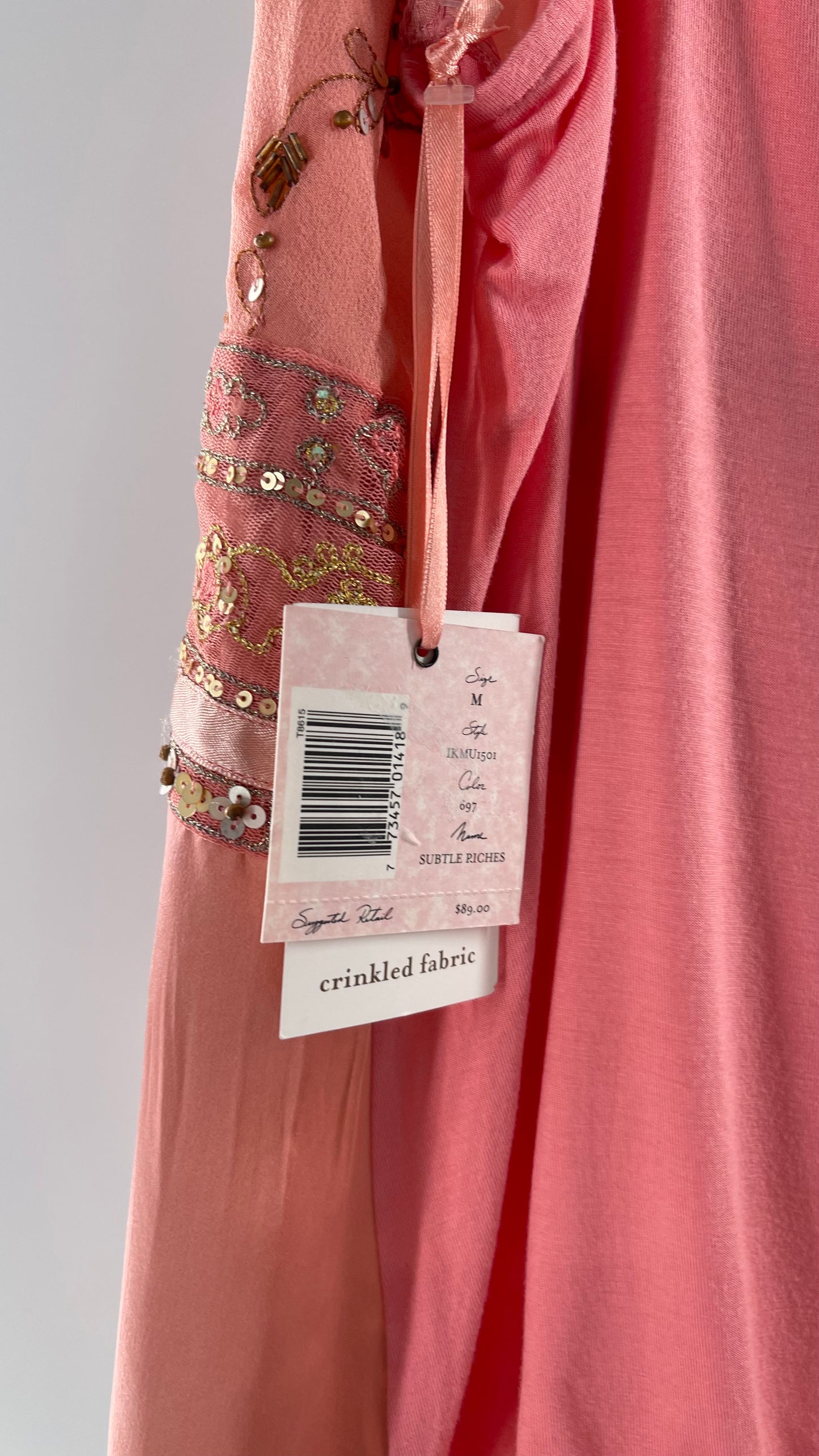 Deadstock Intuitions Pink/Salmon Tank with Lace Trim Hem and Beaded Bodice (Medium)