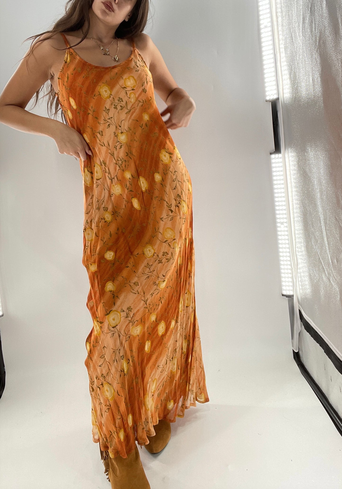 Deadstock Vintage 1990s Sacred Threads Midi Sunset Ombré Dress with Yellow Flowers (M/L)