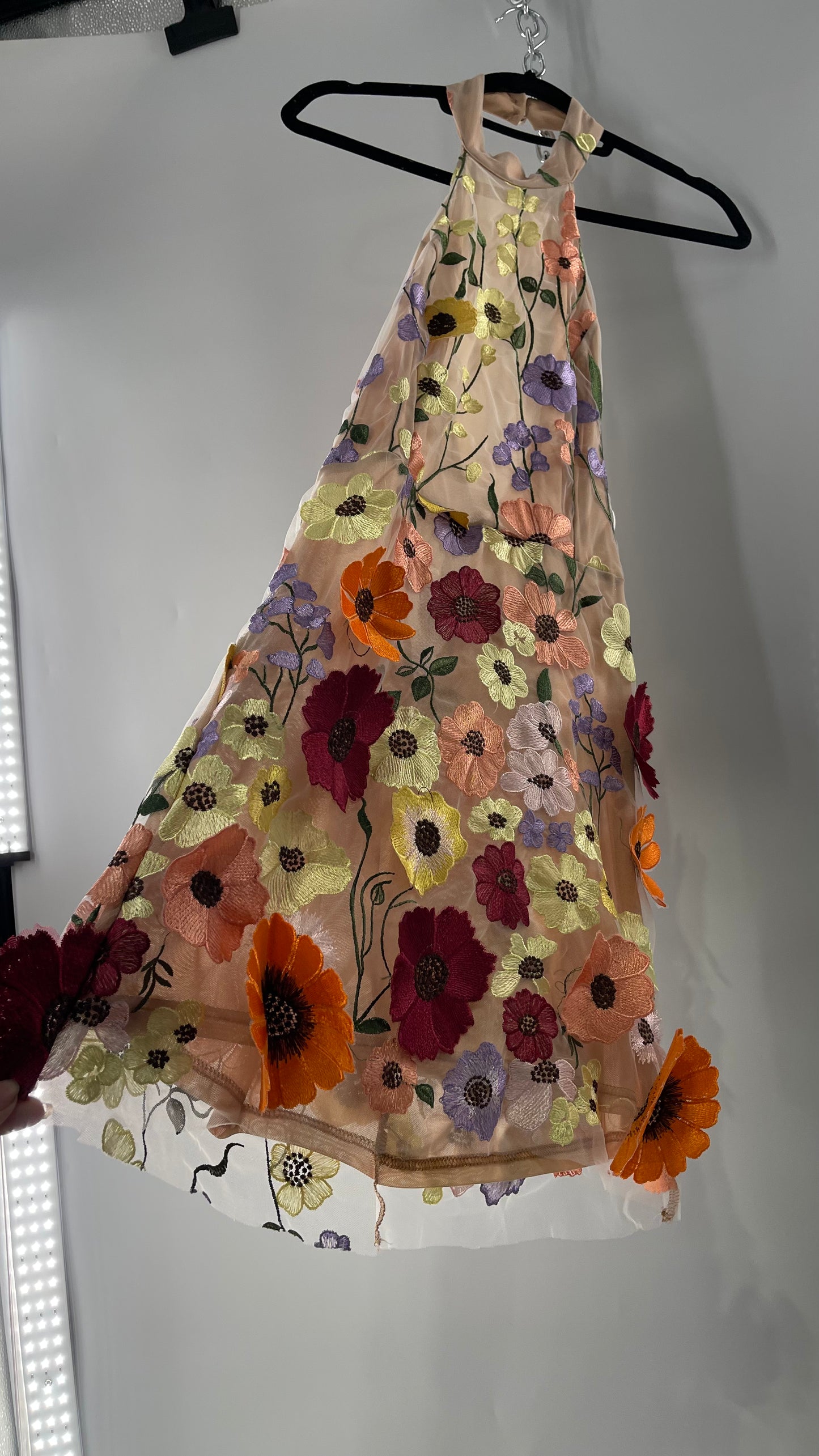 Mesh Backless Mini Dress with Halter Neckline covered in 3D Colorful Embroidered Flower Appliqués (Medium)