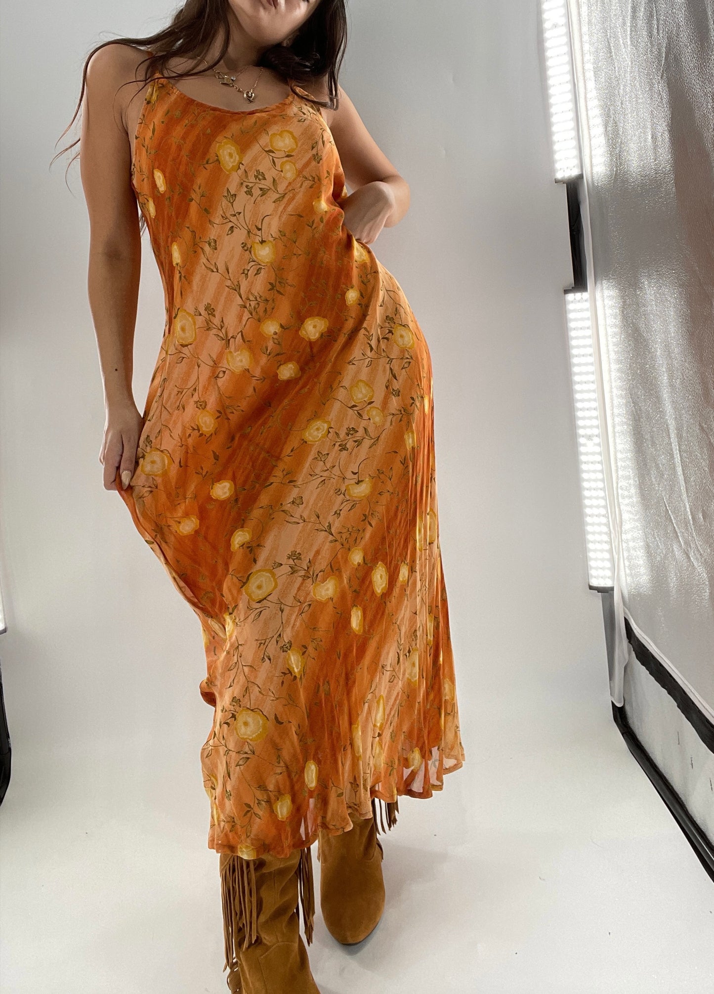 Deadstock Vintage 1990s Sacred Threads Midi Sunset Ombré Dress with Yellow Flowers (M/L)