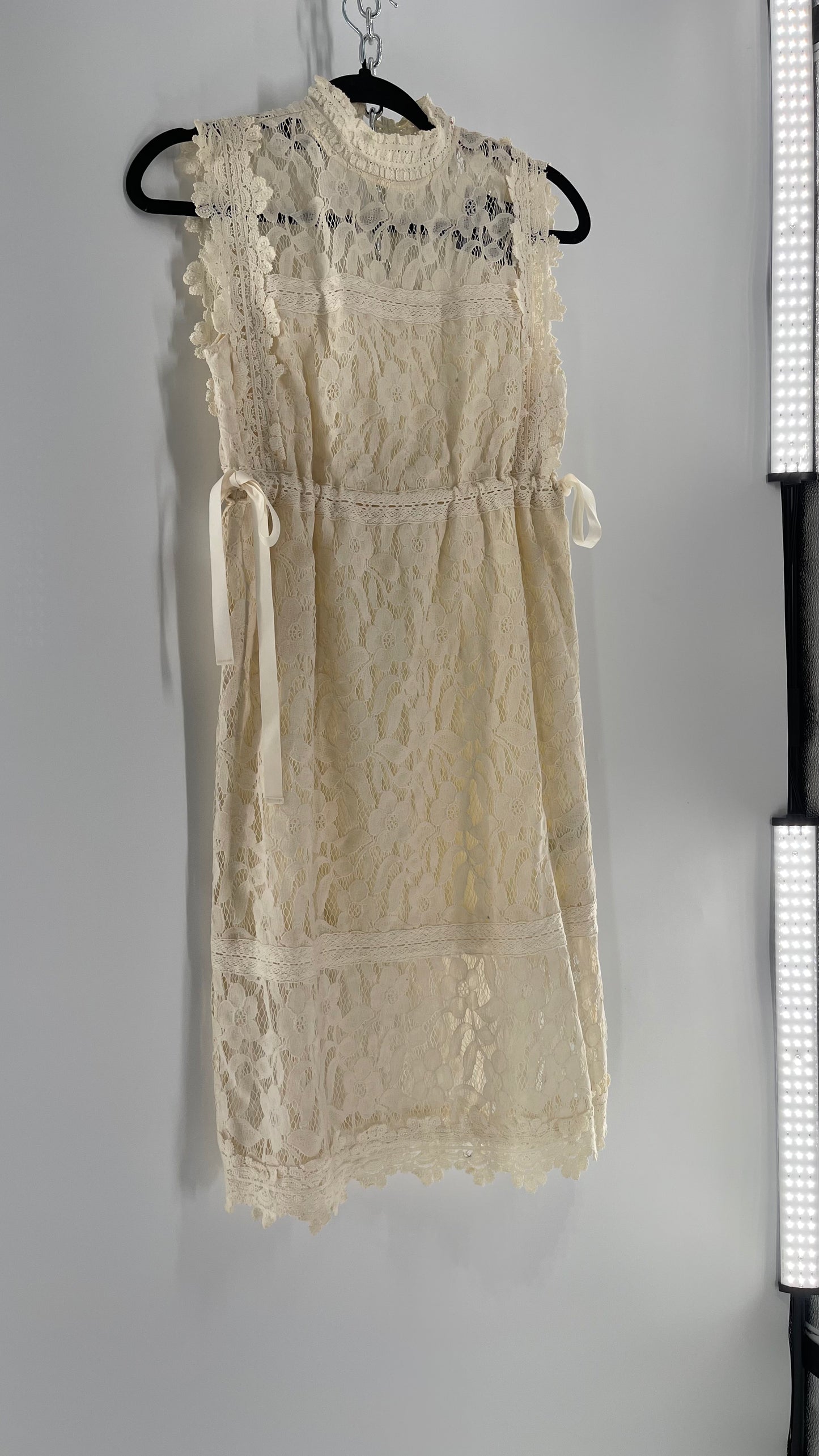Eri + Ali Anthropologie Velvet Lace MIDI Dress with High Neckline and Side Bow Ties(XS)