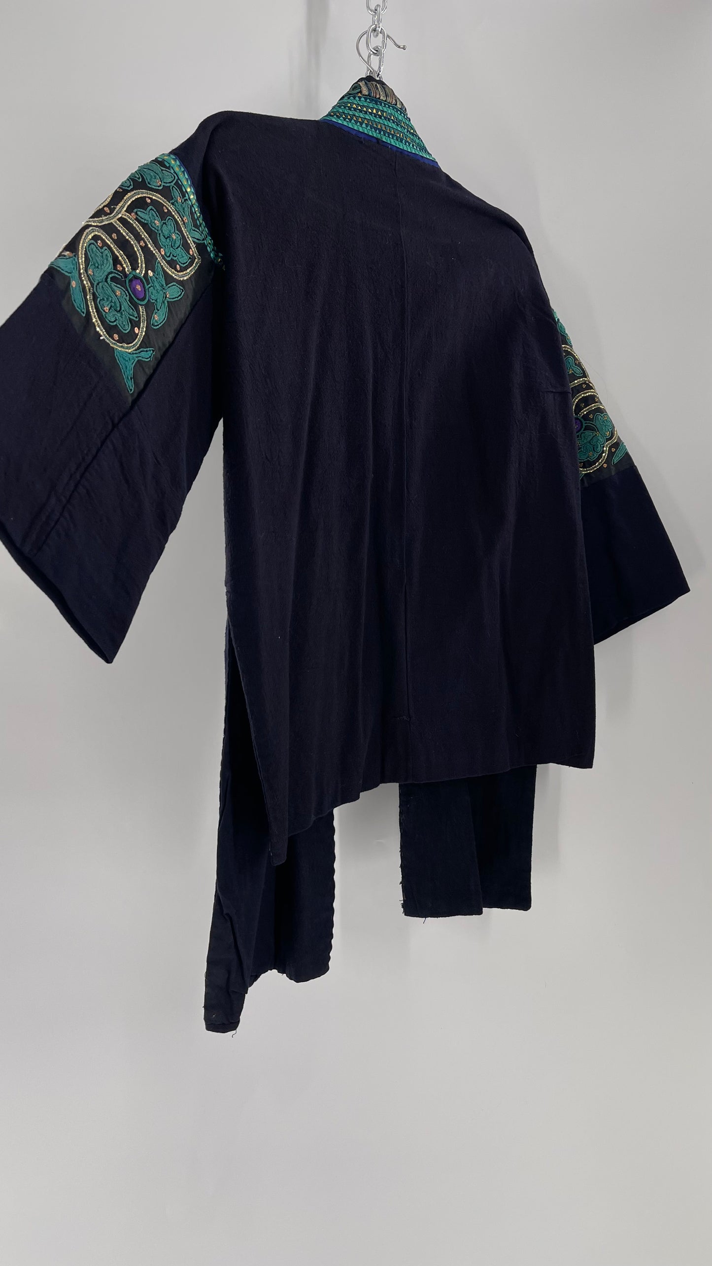 Chinese Vintage Unisex Forbidden Stitch Giuzhou Embroidered Teal Jacket (One Size)