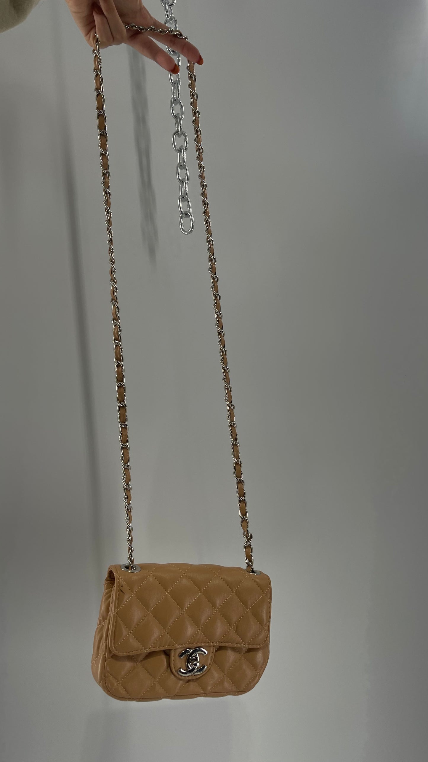 Tan Metallic Quilted Inauthentic Chanel Bag with Silver Chain Strap