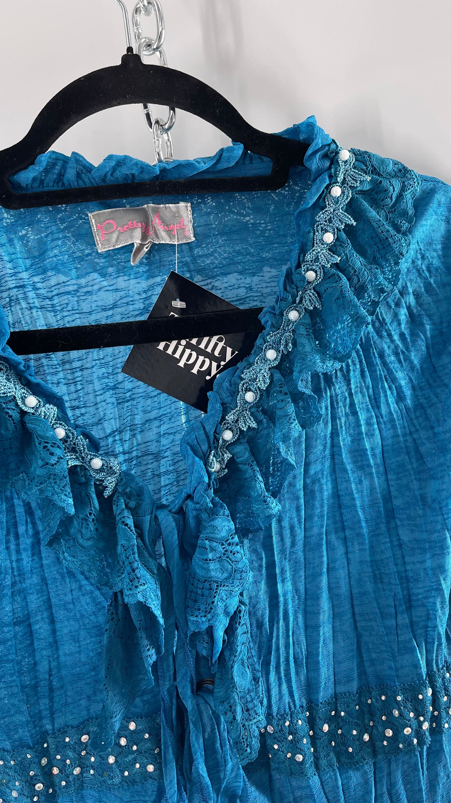 Vintage Pretty Angel Blue Long Sleeve Grommet Tie Bedazzled Blouse with Lace Ruffles and Pearlescent Beading (Large)