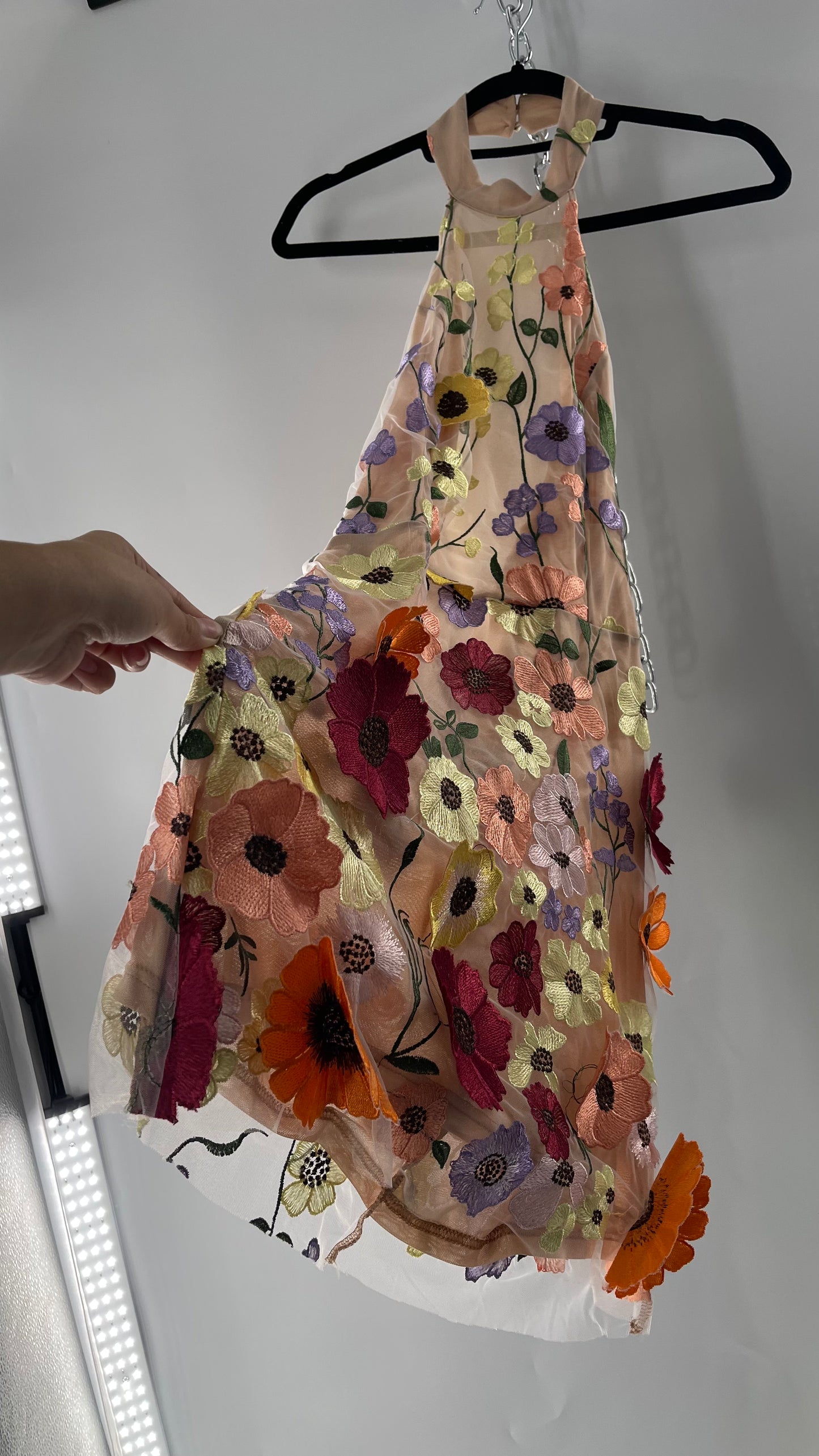 Mesh Backless Mini Dress with Halter Neckline covered in 3D Colorful Embroidered Flower Appliqués (Medium)