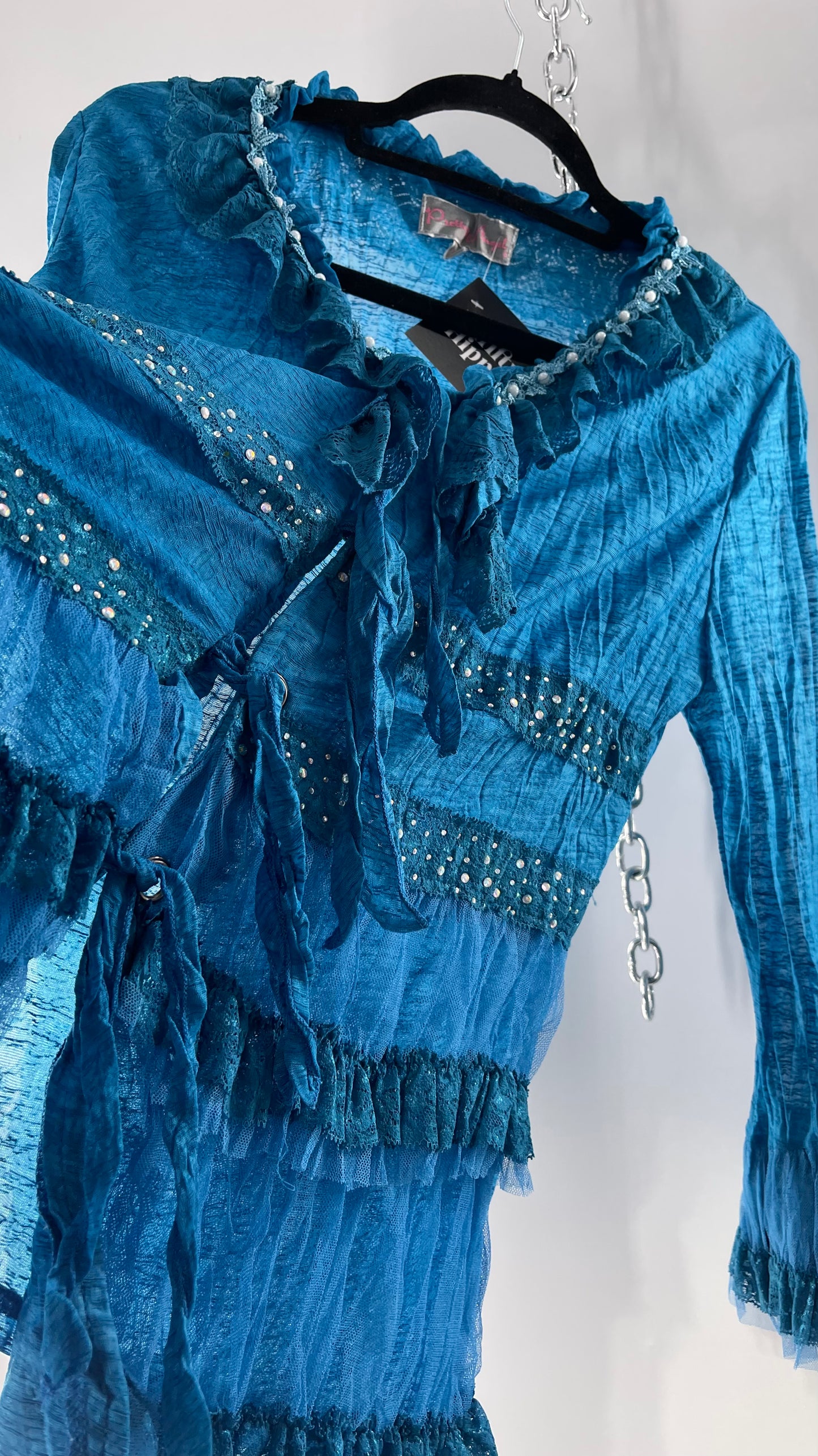 Vintage Pretty Angel Blue Long Sleeve Grommet Tie Bedazzled Blouse with Lace Ruffles and Pearlescent Beading (Large)