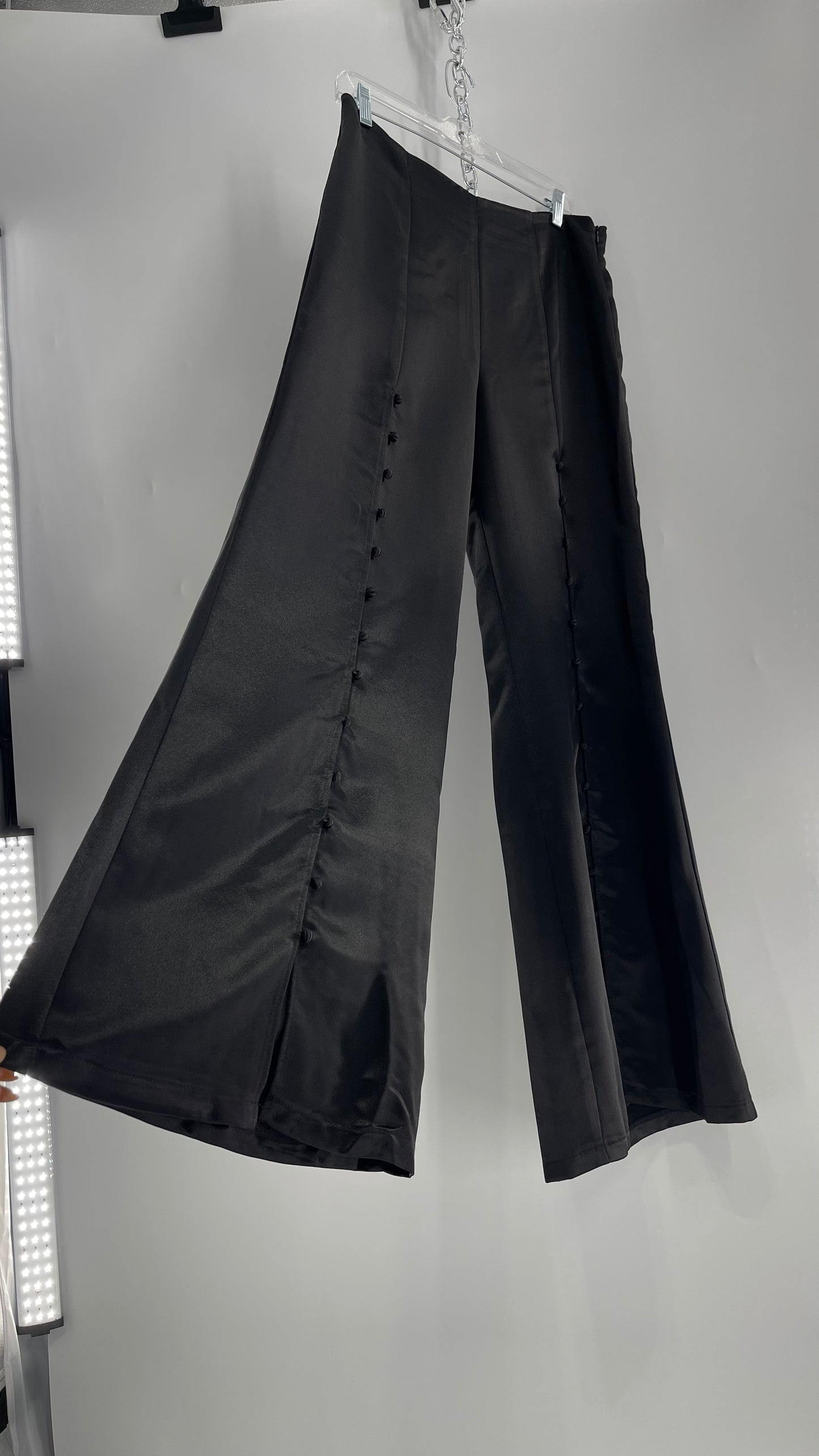 WHY Sultry Steps Black Satin Wide Leg Trouser with Vertical Strip of Satin Buttons (Medium)