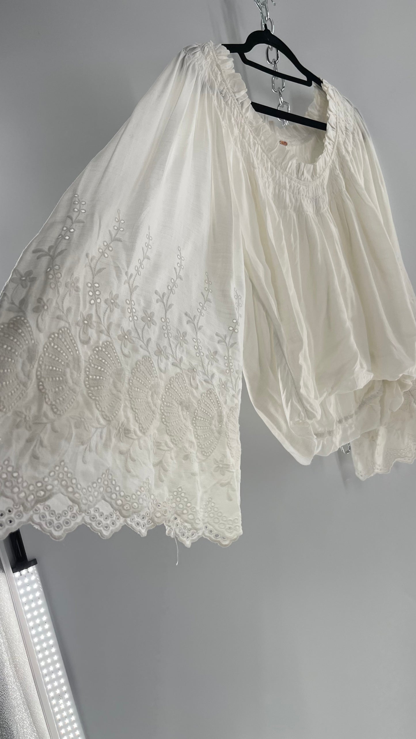 Free People White Bubble Hem Blouse with Linen Embroidered Bell Sleeves (Medium)