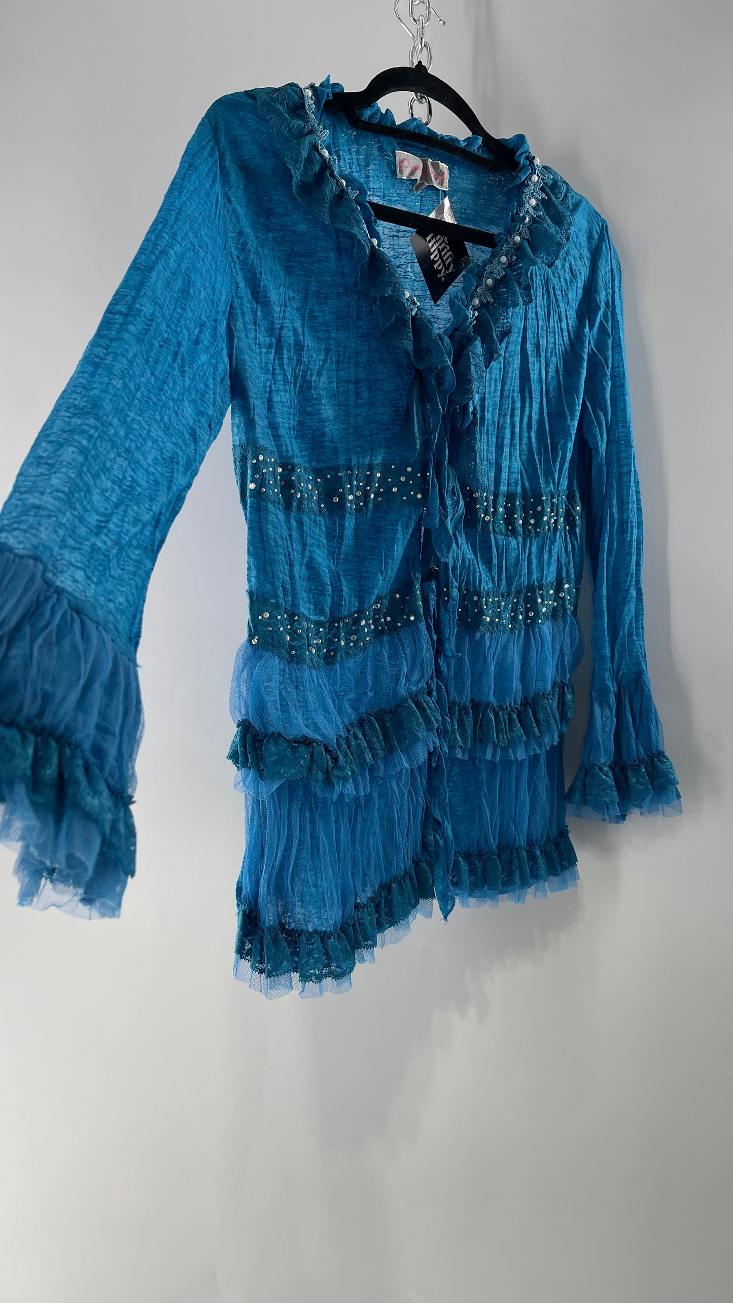 Vintage Pretty Angel Blue Long Sleeve Grommet Tie Bedazzled Blouse with Lace Ruffles and Pearlescent Beading (Large)
