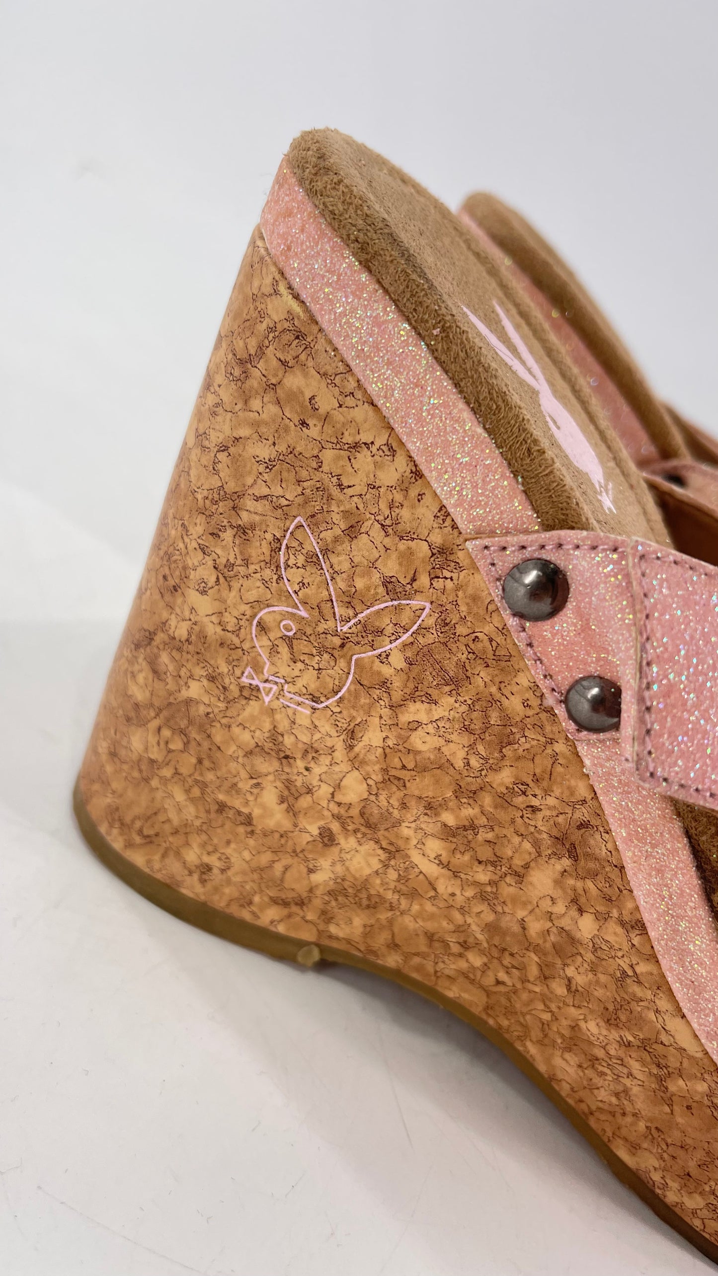 Playboy Pink Glitter Wedge Heel with Cork Heel and Playboy Engraved Buckle (6)