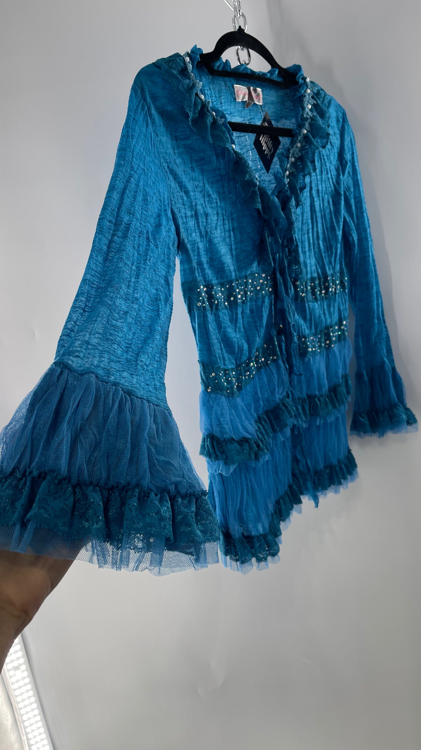Vintage Pretty Angel Blue Long Sleeve Grommet Tie Bedazzled Blouse with Lace Ruffles and Pearlescent Beading (Large)