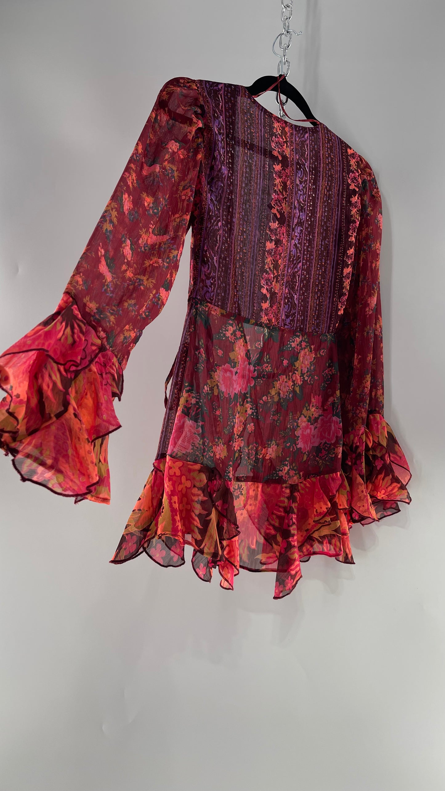 Free People Maroon/Burgundy Red Floral Tie Front Blouse with Ruffled Sleeves and Hem with Tags Attached (XS)