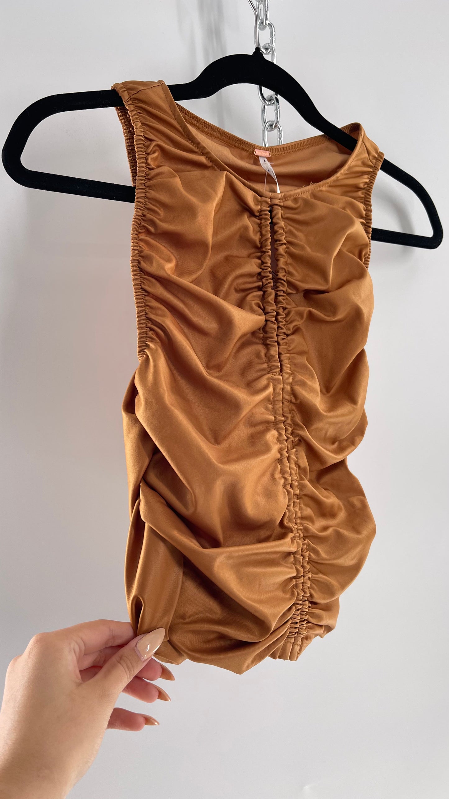 Free People Faux Leather Cognac Ruched High Neck Tank with Bust Cut Out (XS)