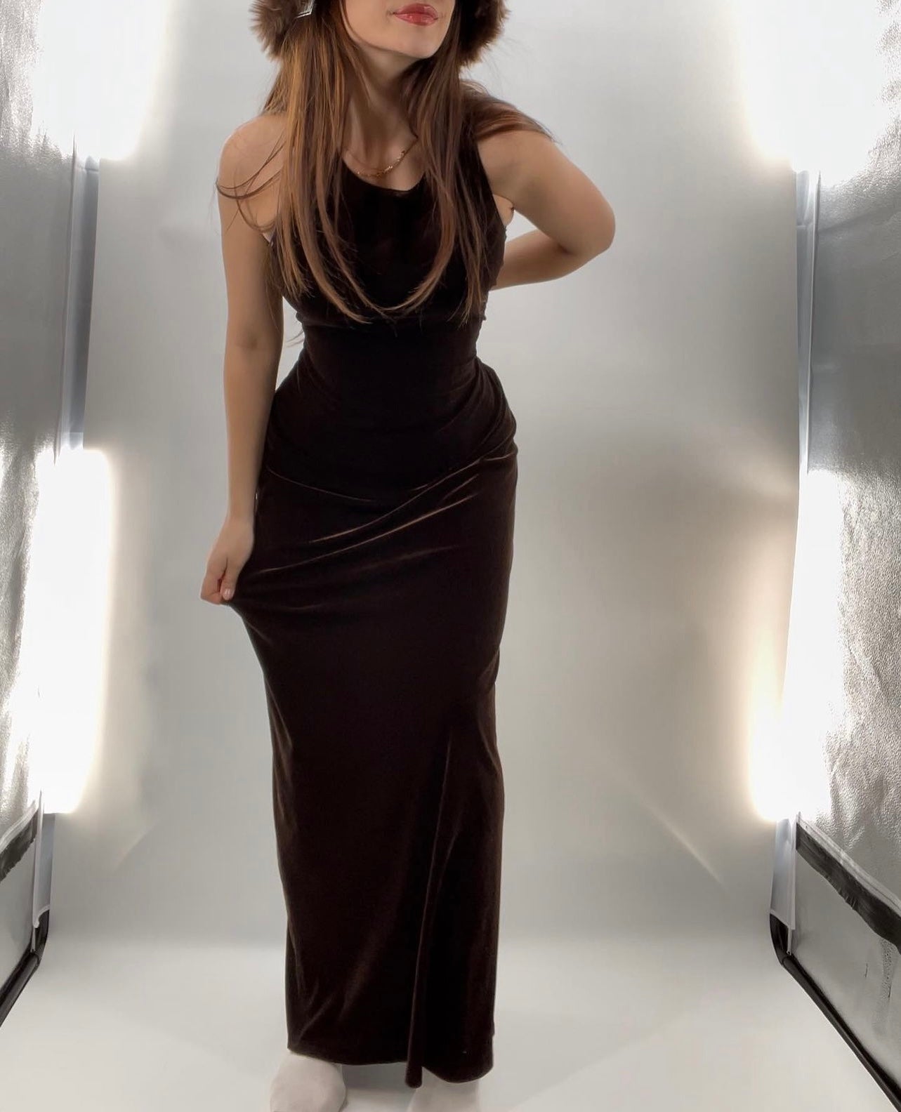 Vintage LAUNDRY Chocolate Velvet, Open Back Bodycon Maxi (Medium)
