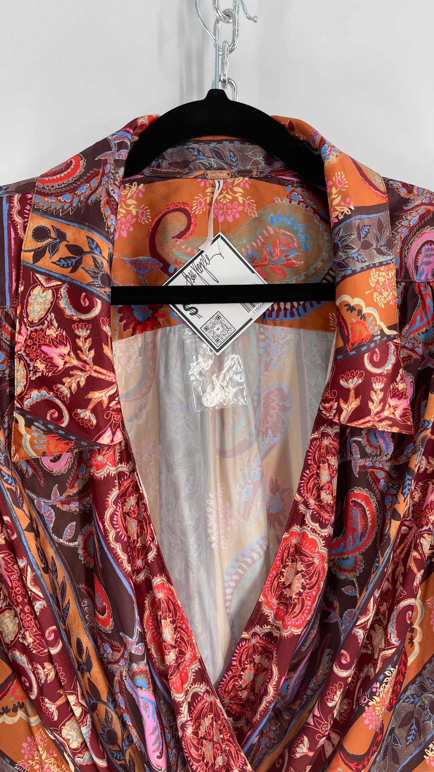 Free People Warm Tones Satin Paisley Drape Front Button Cuff Blouse (Large)
