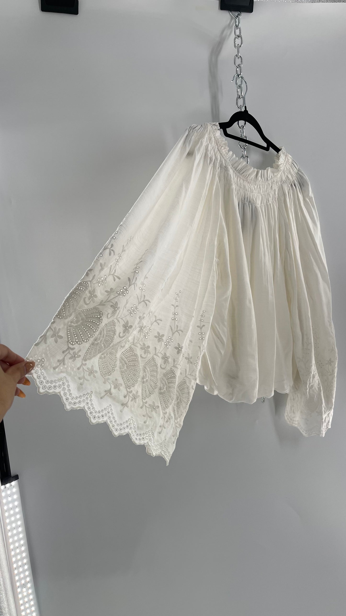 Free People White Bubble Hem Blouse with Linen Embroidered Bell Sleeves (Medium)