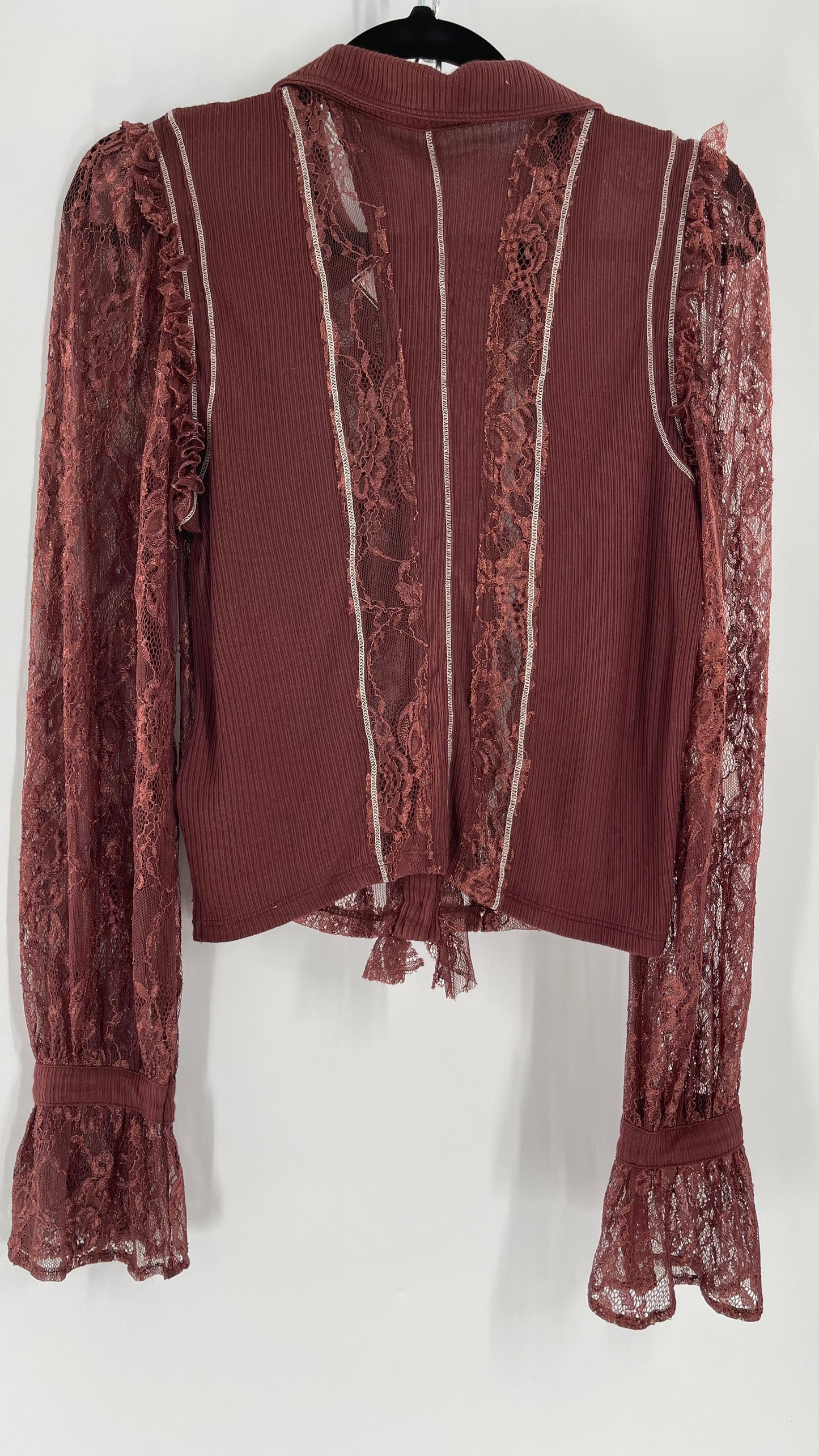 Free People Maroon Burgundy Lace Button Front Blouse with Ruffled Bodice with Tags Attached (Large)