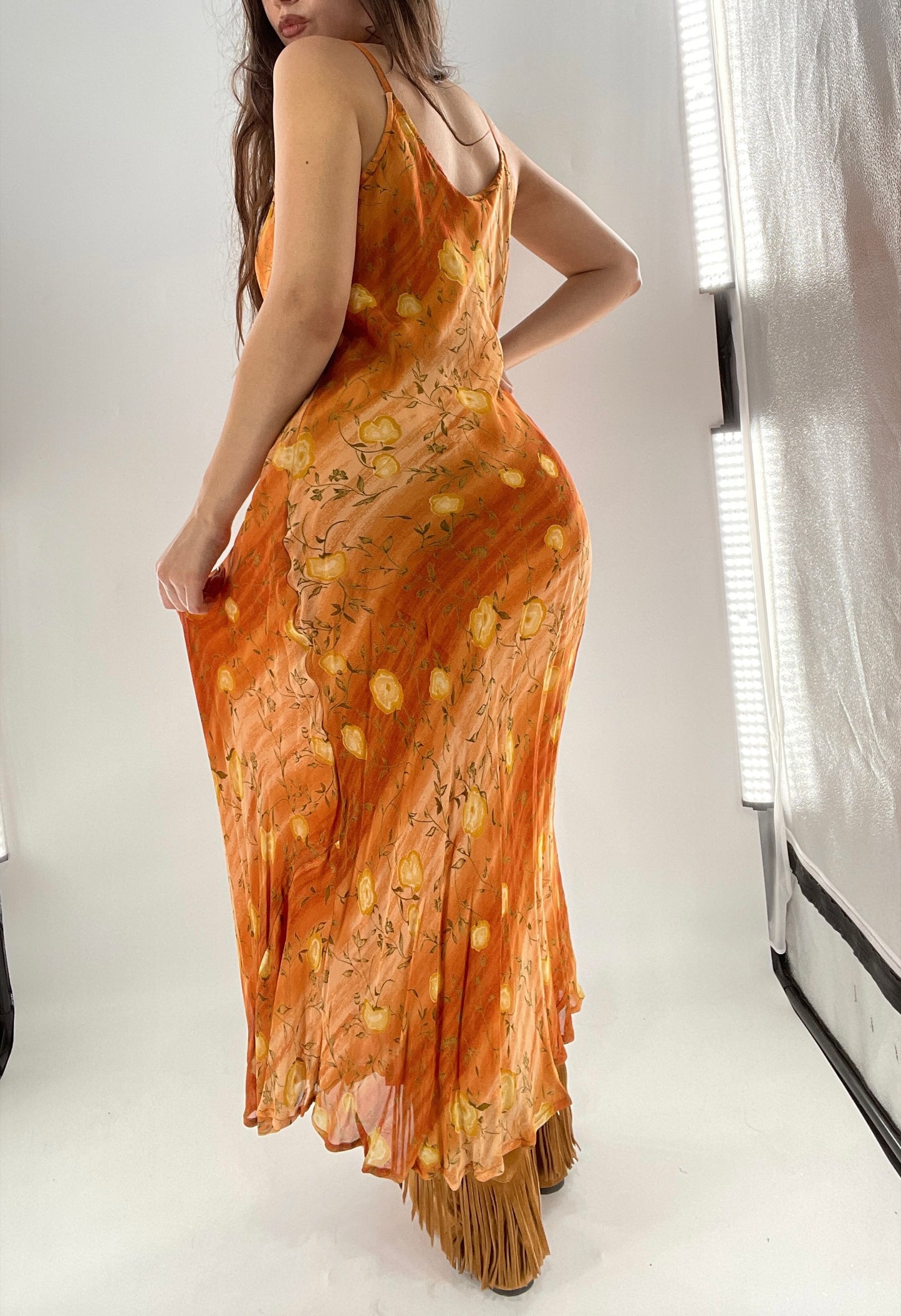 Deadstock Vintage 1990s Sacred Threads Midi Sunset Ombré Dress with Yellow Flowers (M/L)
