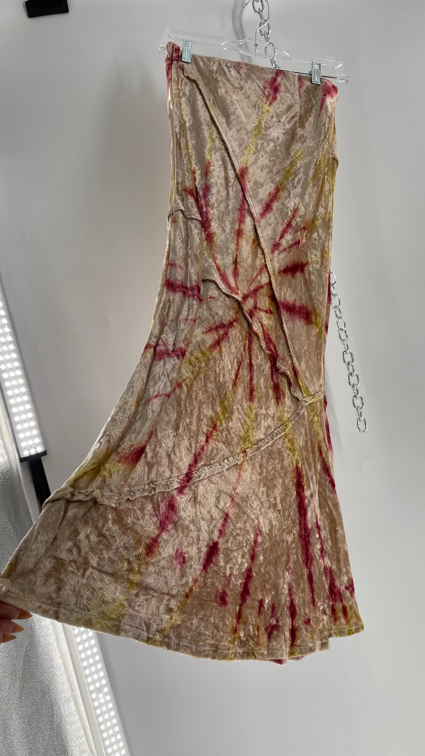 Free People Tie Dye Crushed Velvet Full Length Skirt (Small)
