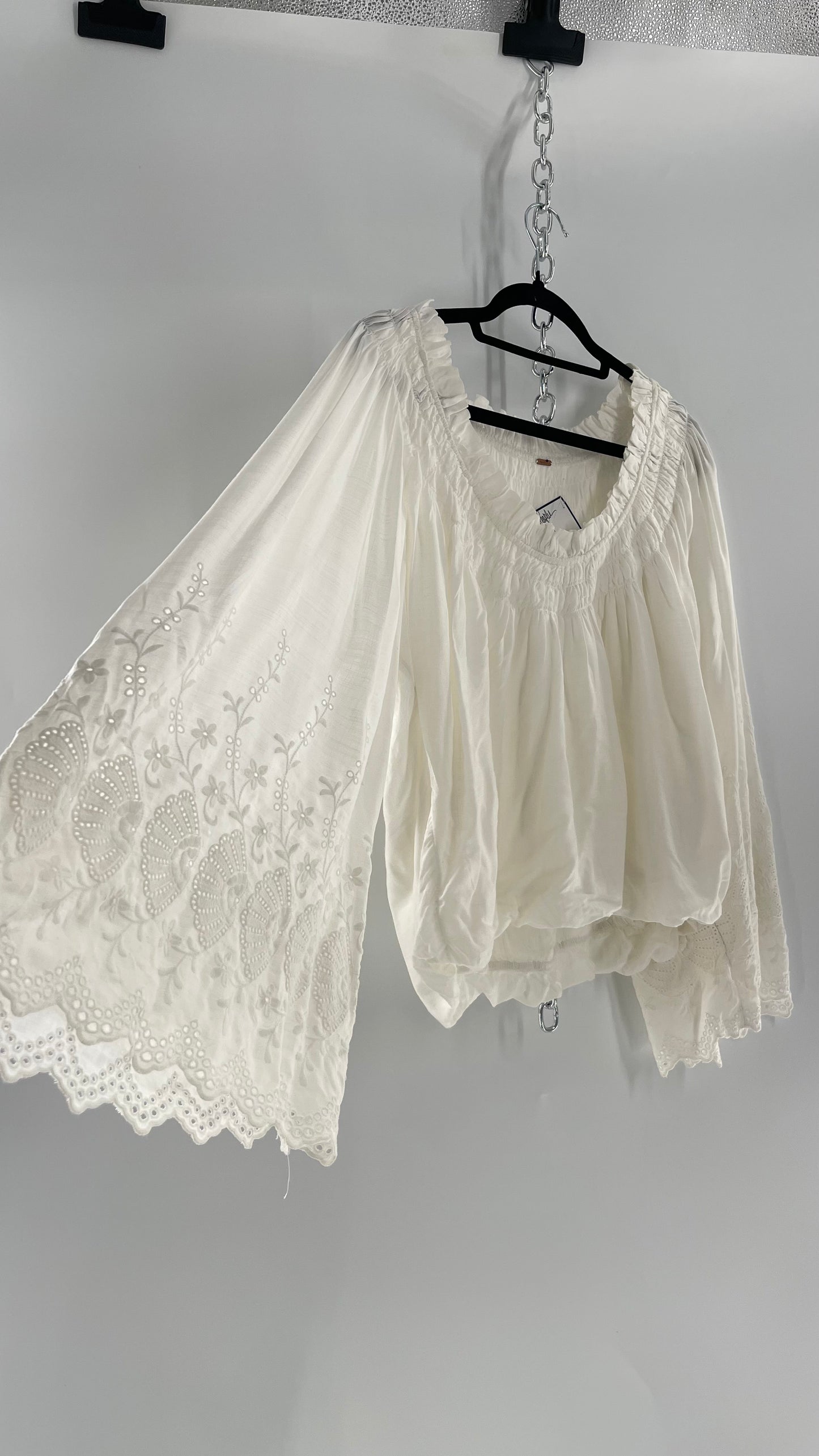 Free People White Bubble Hem Blouse with Linen Embroidered Bell Sleeves (Medium)