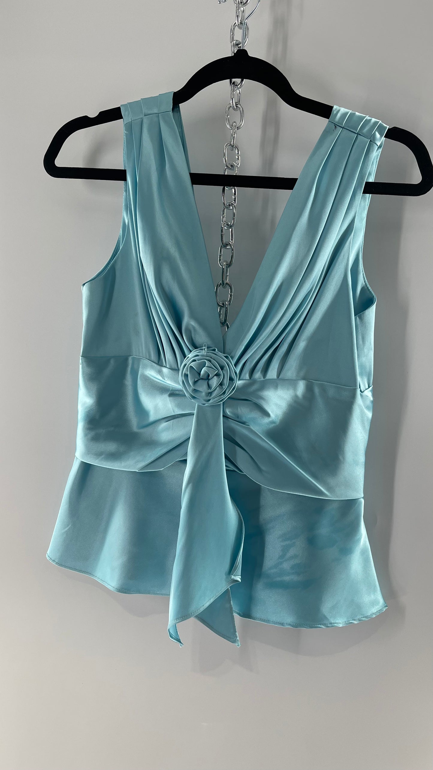 Vintage Jessica McClintock Baby Blue Satin Pleated Sleeve Tank with Draping and Rosette (8)