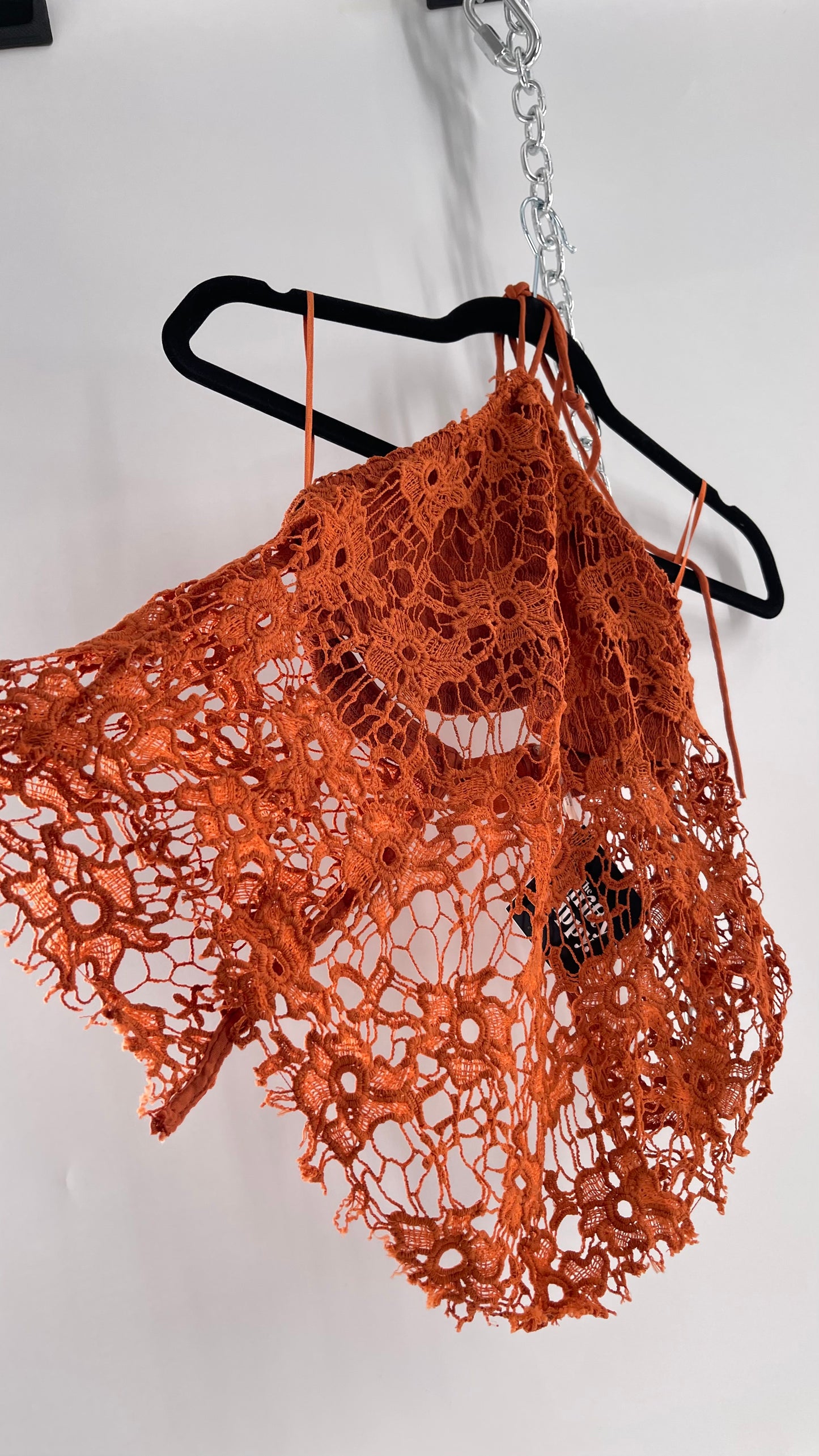 Free People Burnt Orange Lace Halter with Pointed Handkerchief Hem (XS)