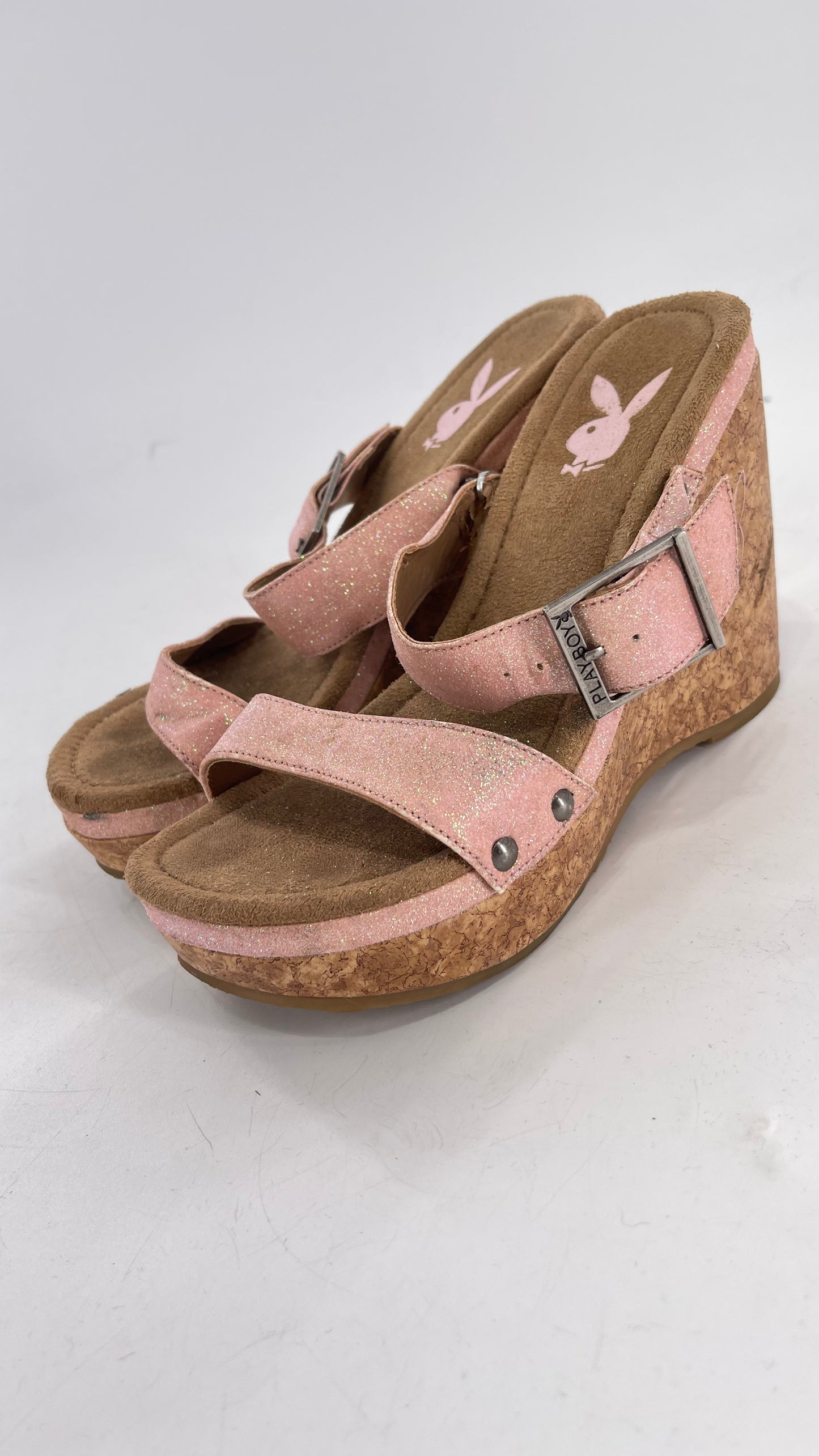 Playboy Pink Glitter Wedge Heel with Cork Heel and Playboy Engraved Buckle (6)