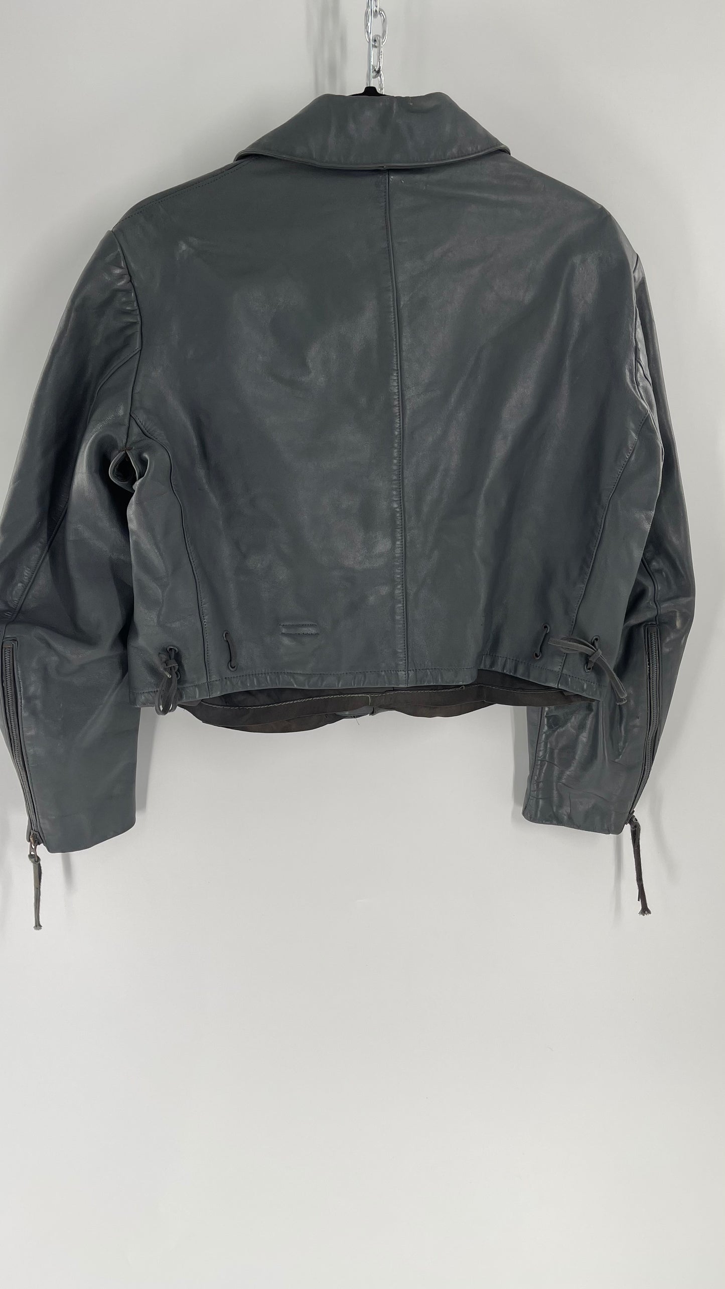 Vintage Grey Leather Cropped Jacket with Collar, Zippered Forearms, and Laced Up Detailing on Sides Small)