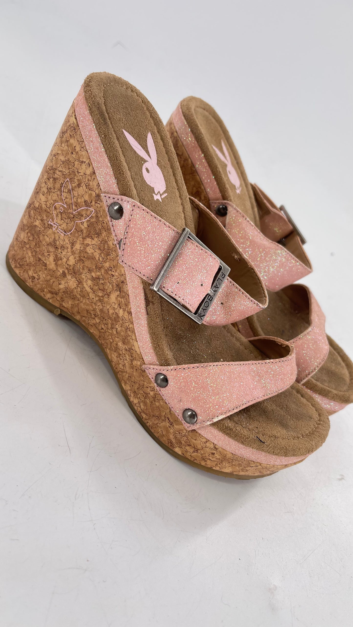 Playboy Pink Glitter Wedge Heel with Cork Heel and Playboy Engraved Buckle (6)