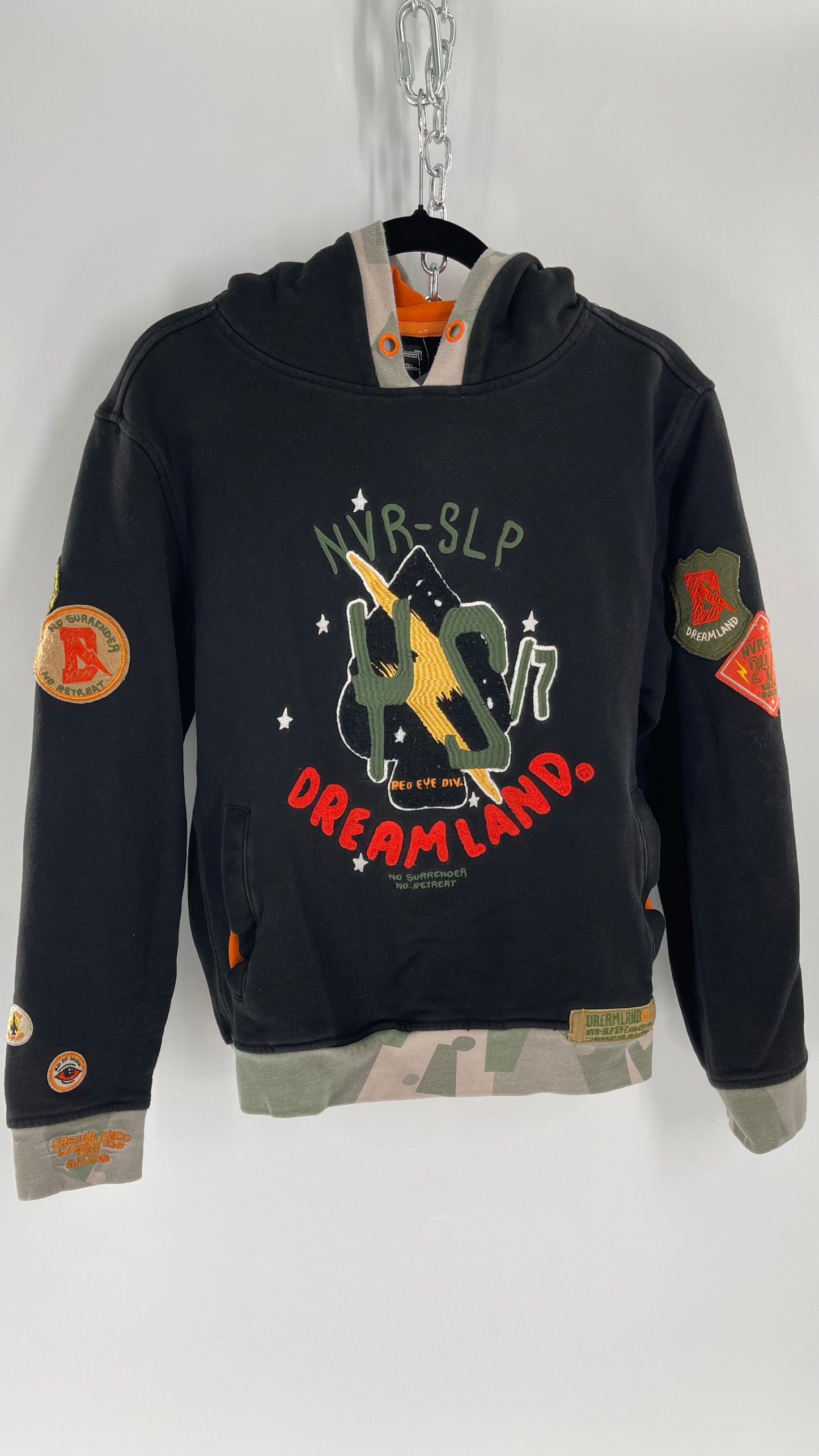 DREAMLAND Black Hoodie with Heavy Embroidered Details and Patches (Medium)