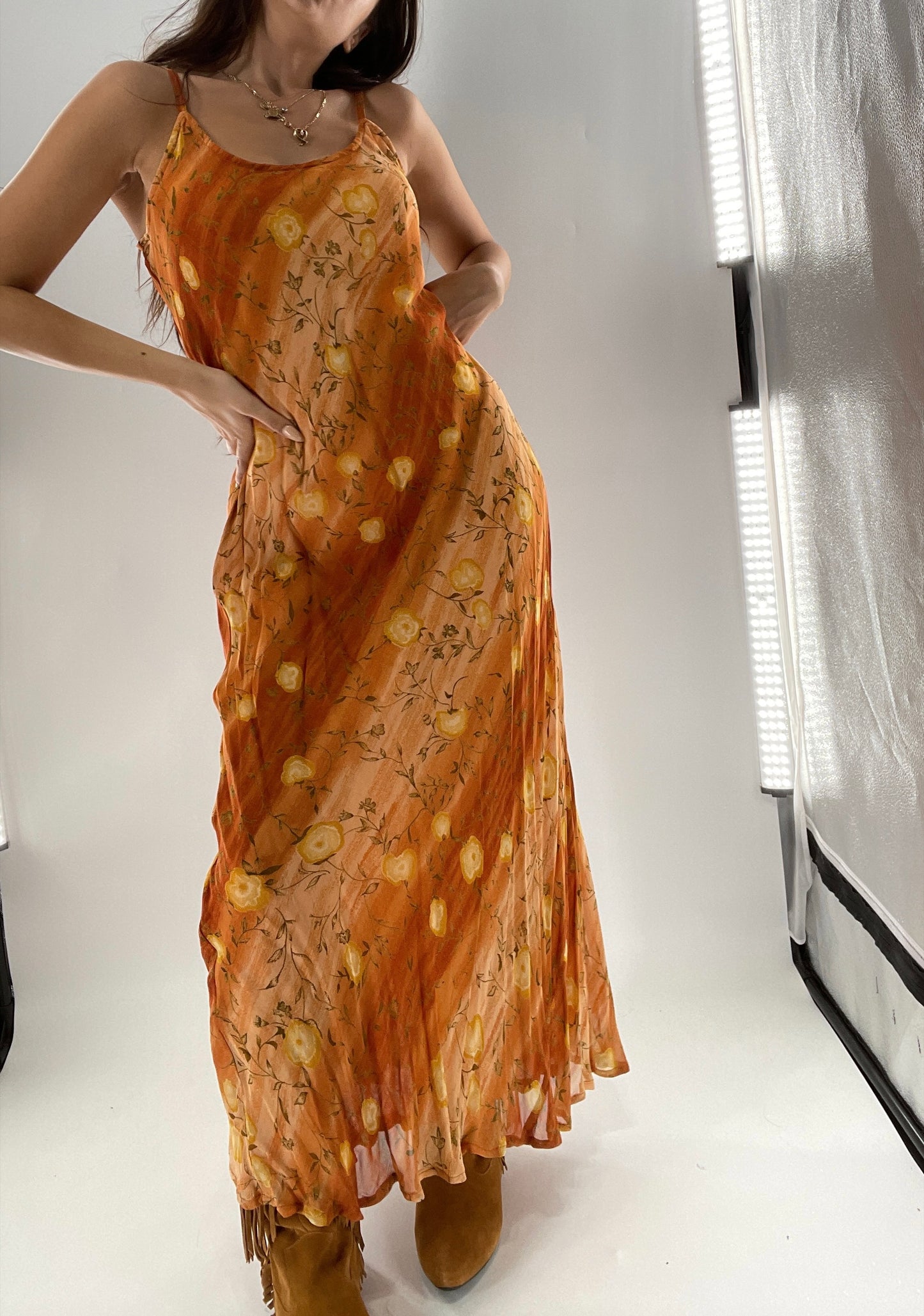 Deadstock Vintage 1990s Sacred Threads Midi Sunset Ombré Dress with Yellow Flowers (M/L)