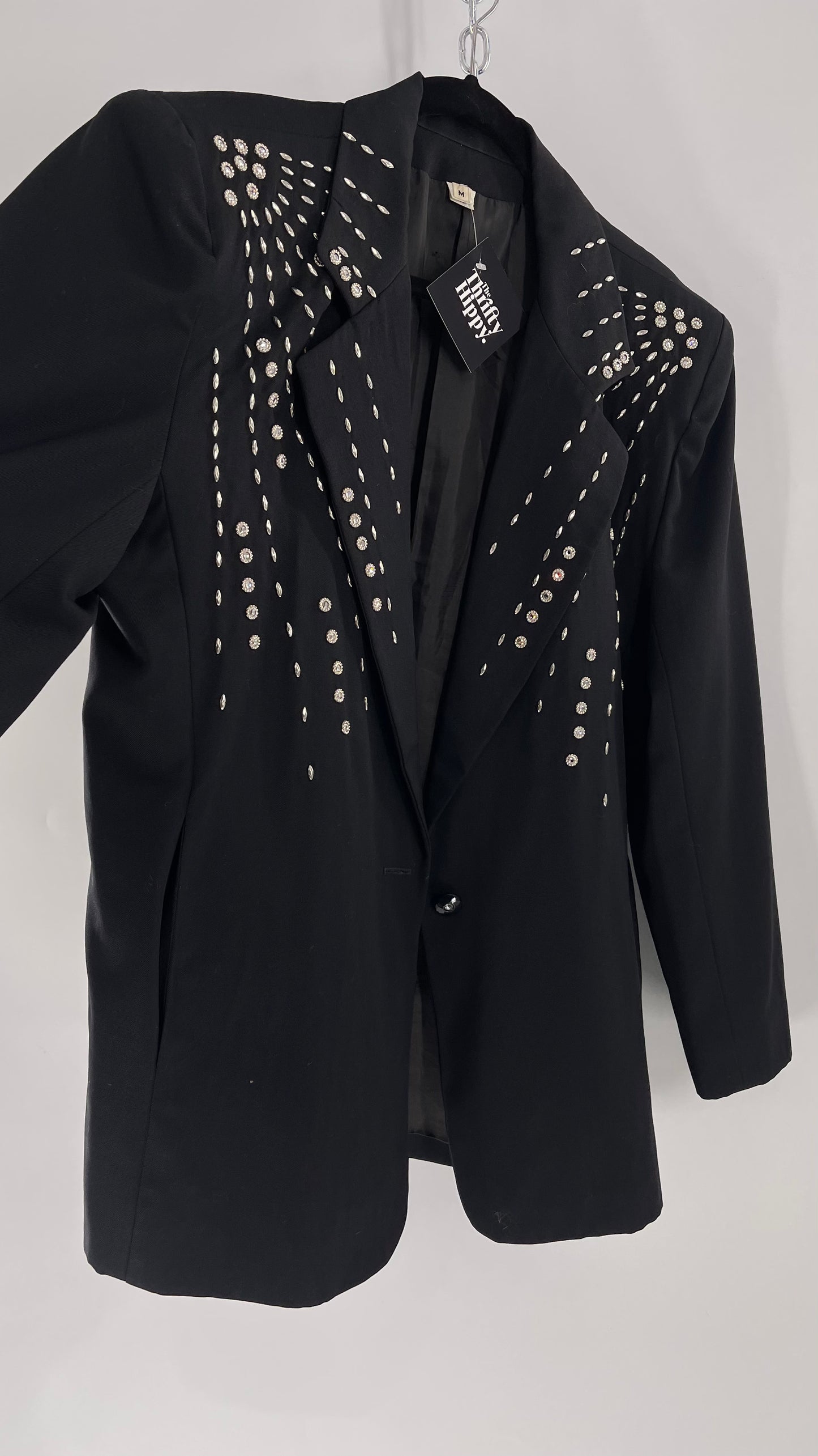 Vintage Black Blazer with Silver Metal Studs and Rhinestone Embellishments (C)(Medium)