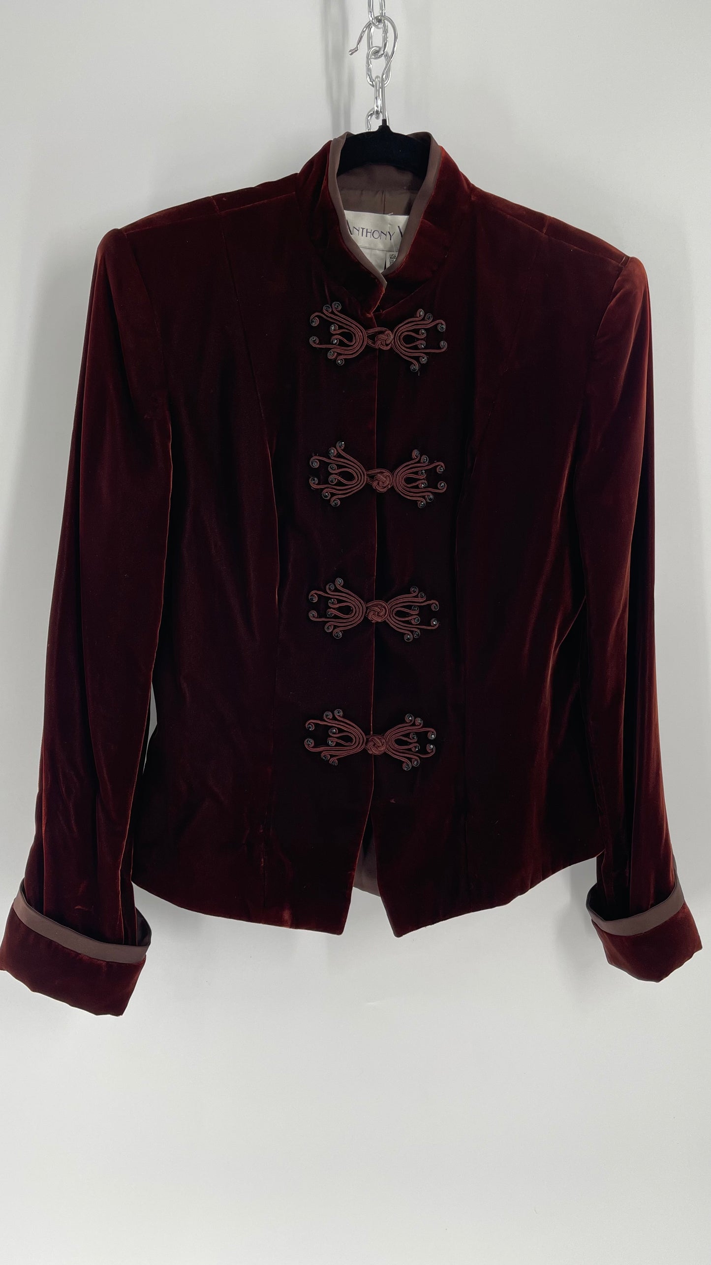 Vintage Anthony Vask Blood Red Burgundy Velvet Coat Jacket with Rope Closure Detailing (C)(10)