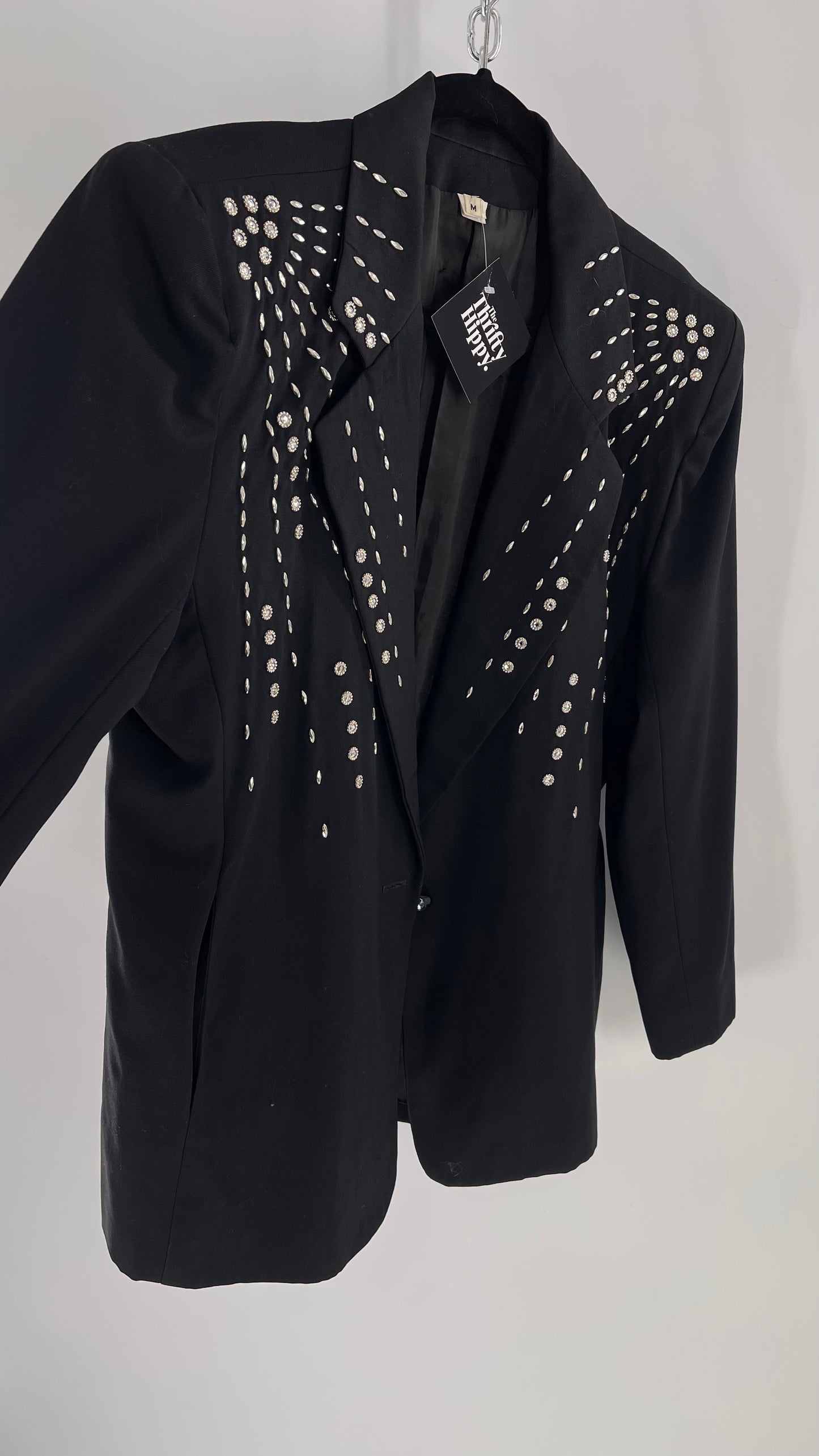 Vintage Black Blazer with Silver Metal Studs and Rhinestone Embellishments (C)(Medium)