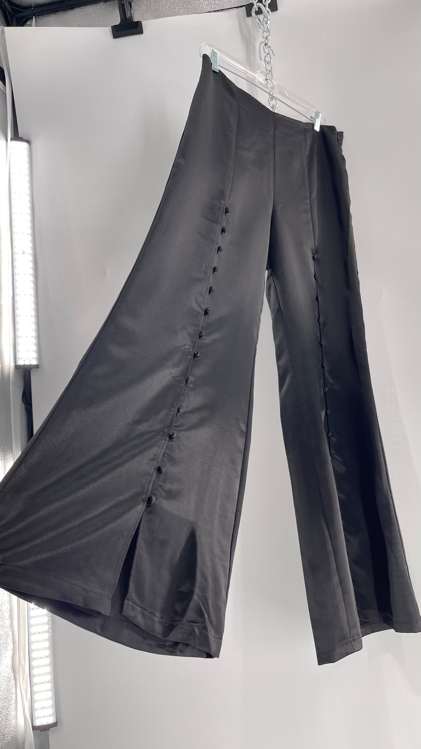 WHY Sultry Steps Black Satin Wide Leg Trouser with Vertical Strip of Satin Buttons (Medium)