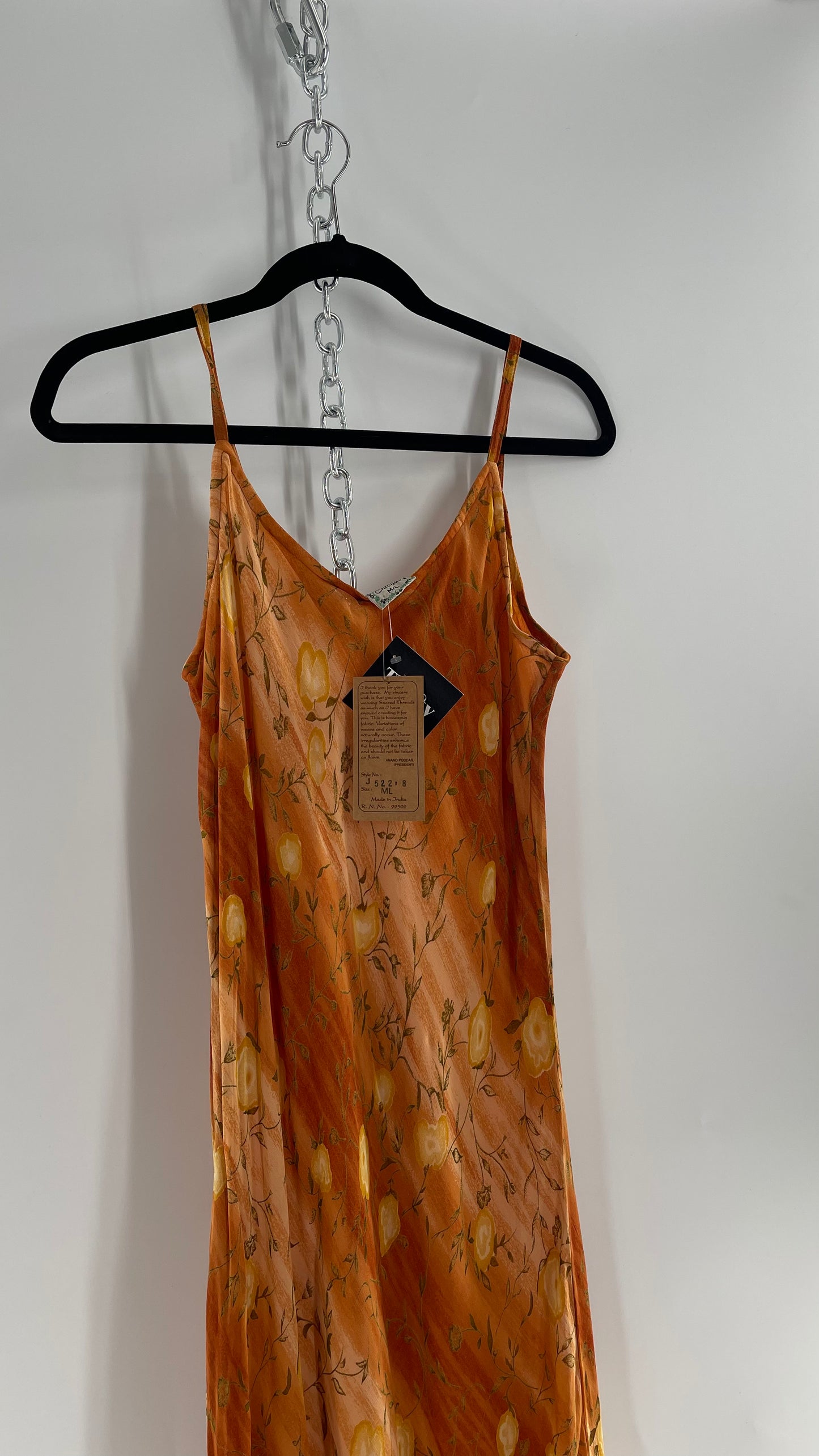 Deadstock Vintage 1990s Sacred Threads Midi Sunset Ombré Dress with Yellow Flowers (M/L)