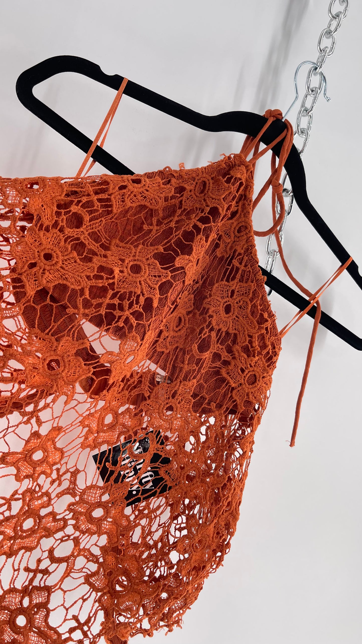 Free People Burnt Orange Lace Halter with Pointed Handkerchief Hem (XS)