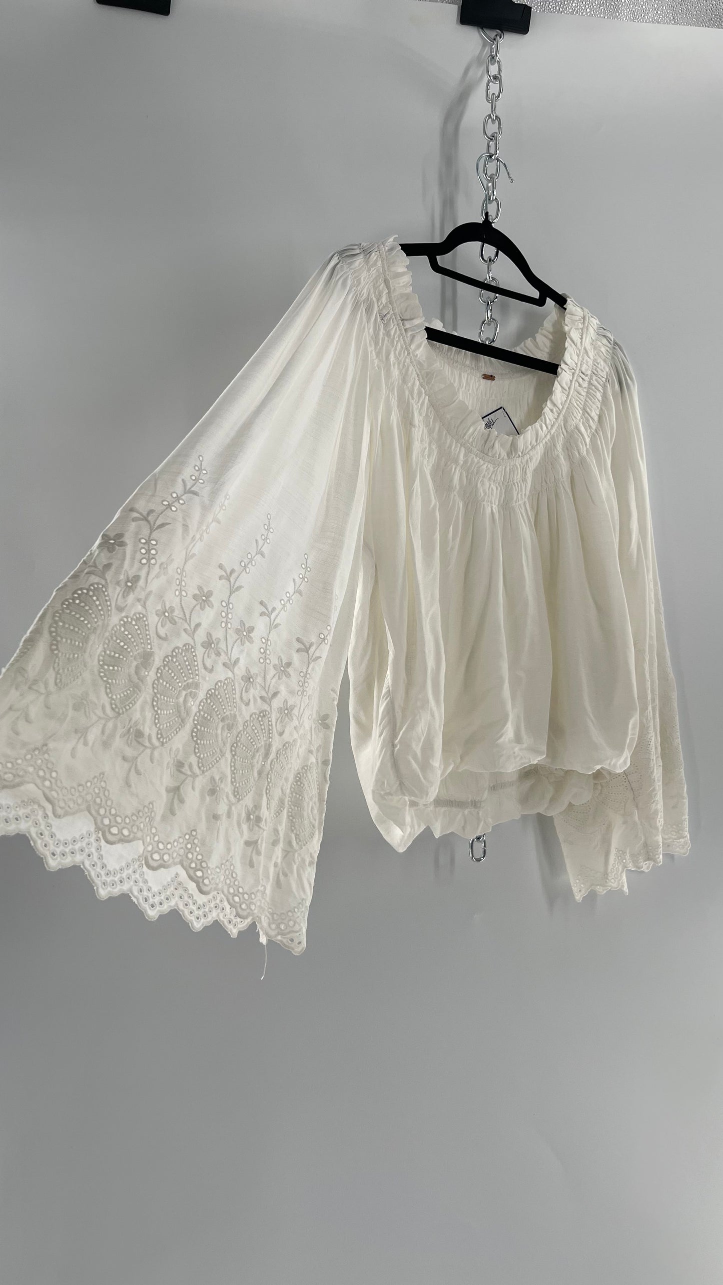 Free People White Bubble Hem Blouse with Linen Embroidered Bell Sleeves (Medium)
