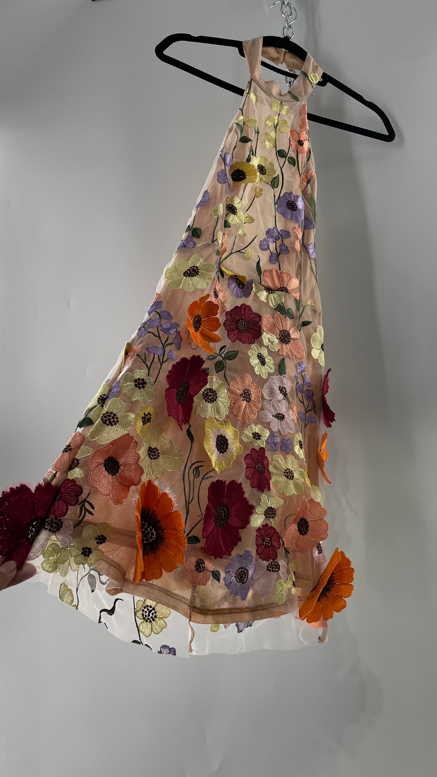 Mesh Backless Mini Dress with Halter Neckline covered in 3D Colorful Embroidered Flower Appliqués (Medium)