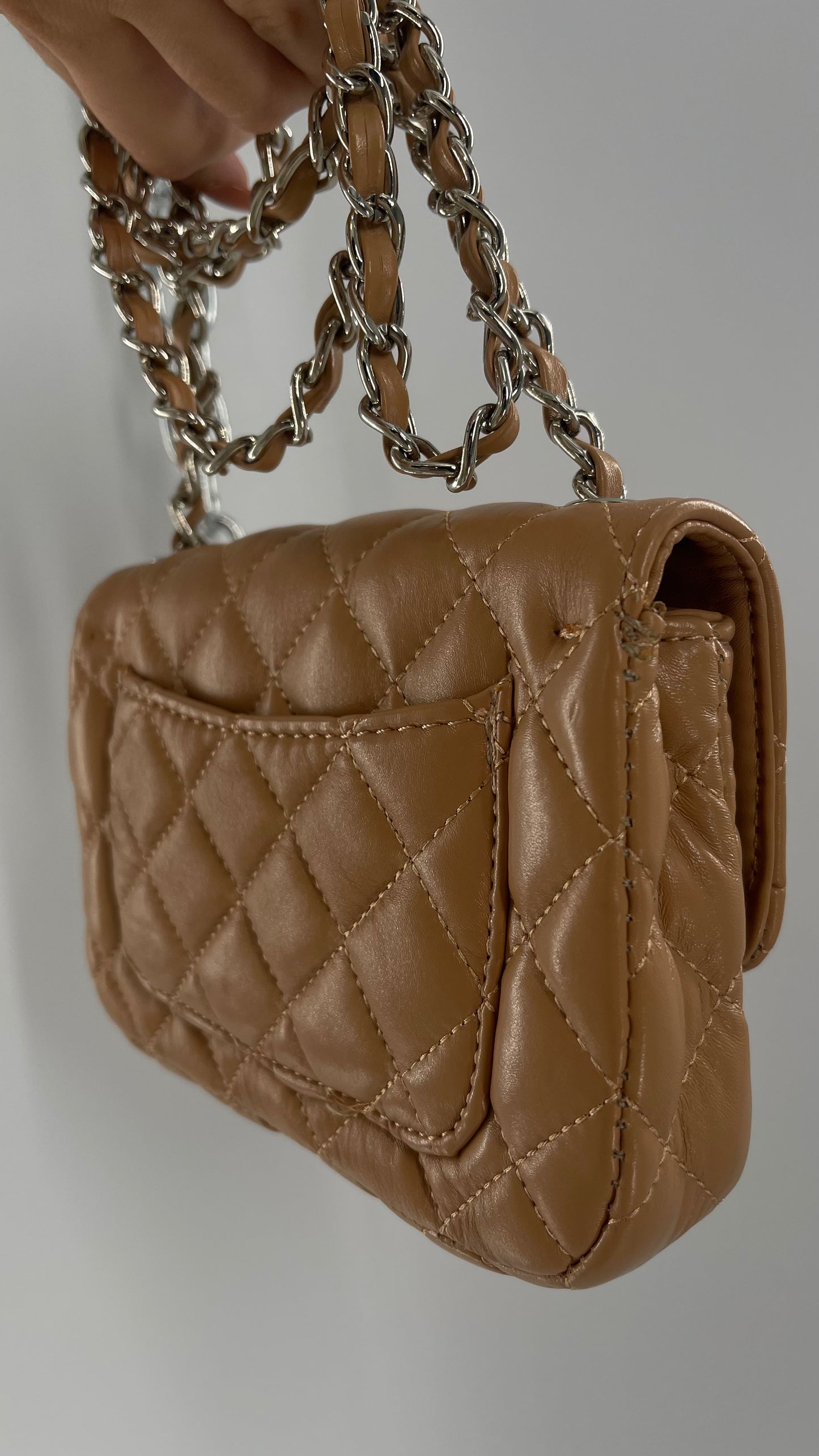 Tan Metallic Quilted Inauthentic Chanel Bag with Silver Chain Strap