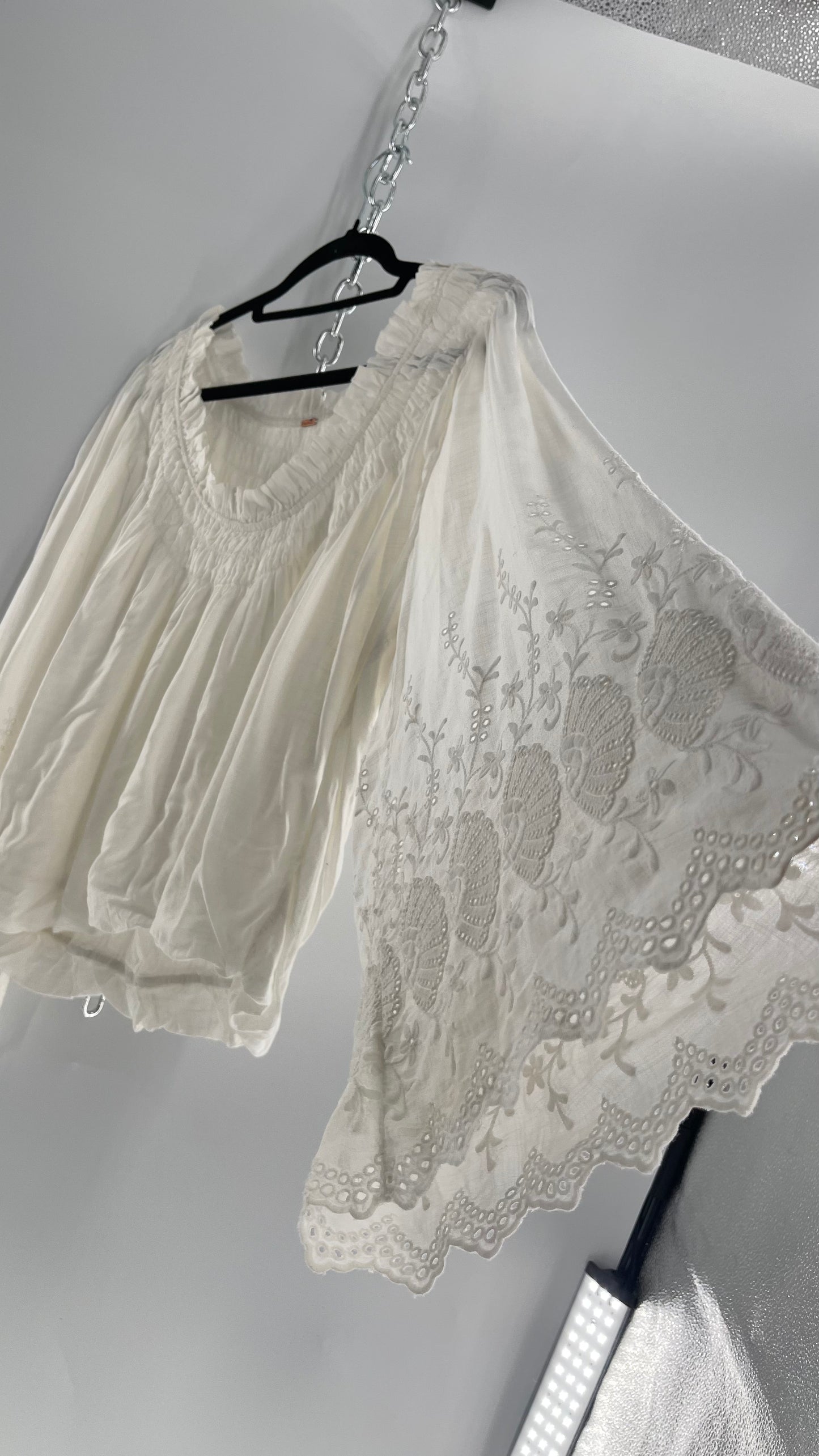 Free People White Bubble Hem Blouse with Linen Embroidered Bell Sleeves (Medium)