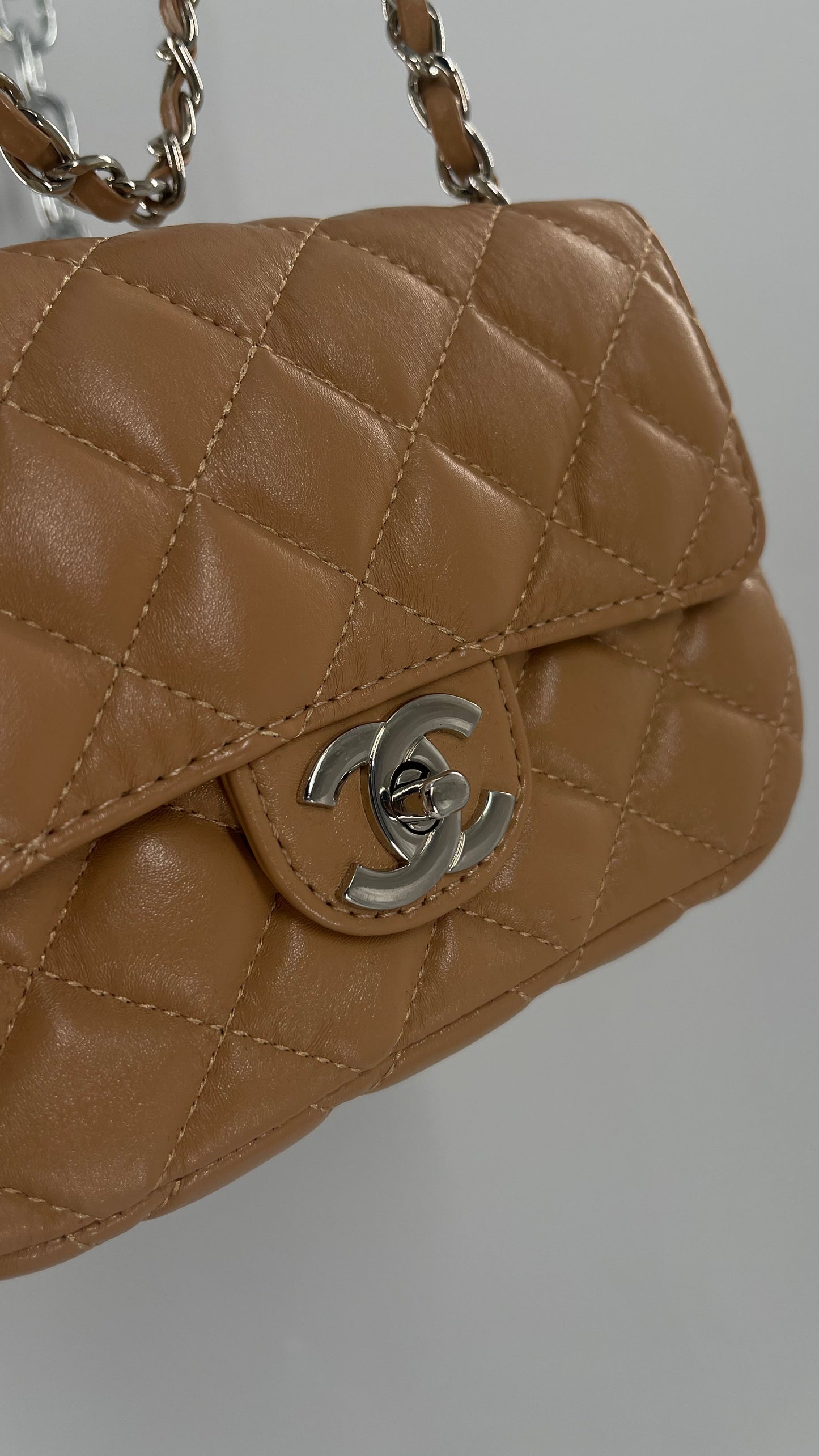 Tan Metallic Quilted Inauthentic Chanel Bag with Silver Chain Strap
