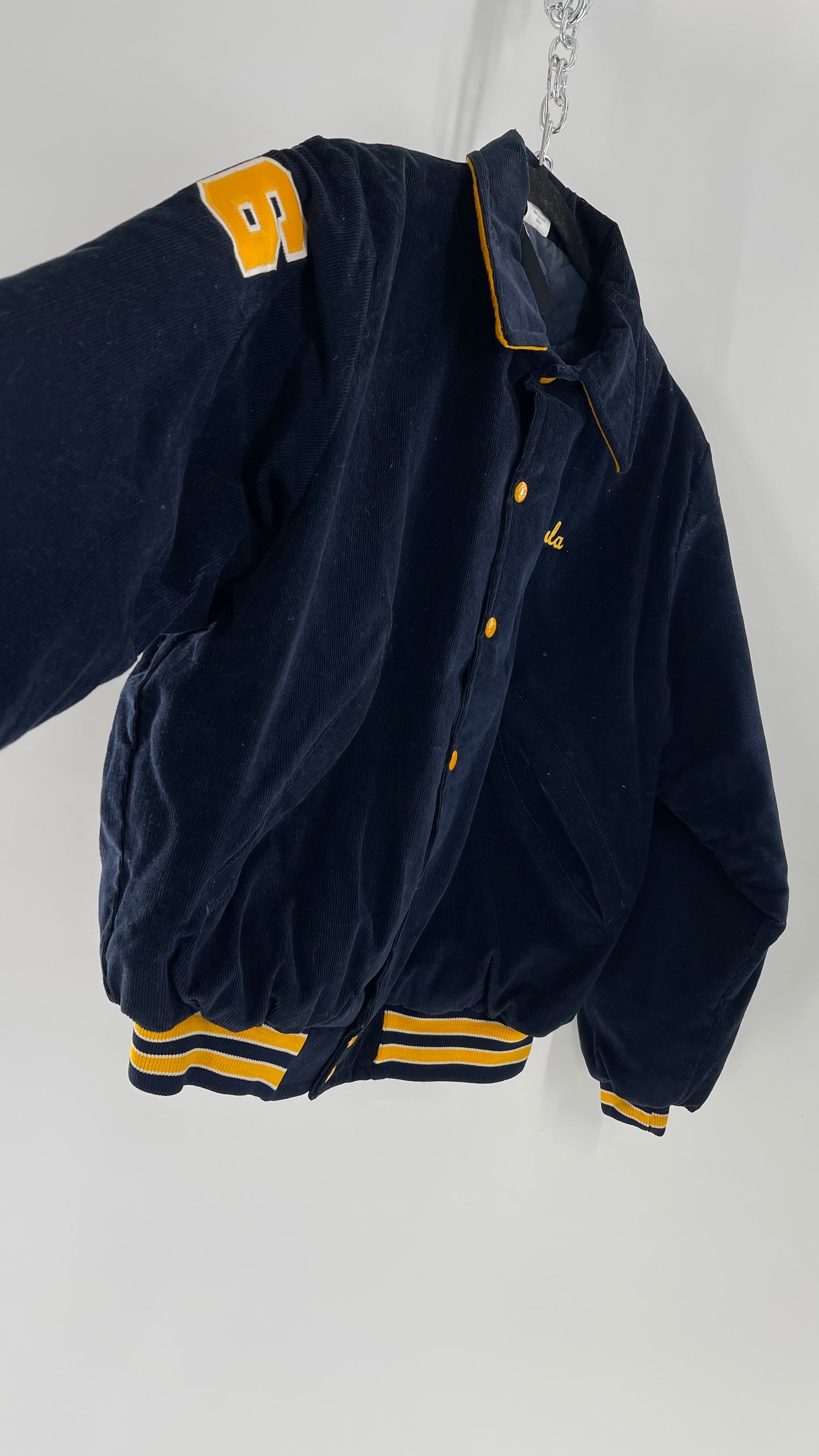 Birdie Vintage Phi Sigma Sigma Navy Blue Corduroy Varsity/Sorority Jacket with Contrast Yellow Patches and Embroidered “Paula” Monogram (Large)